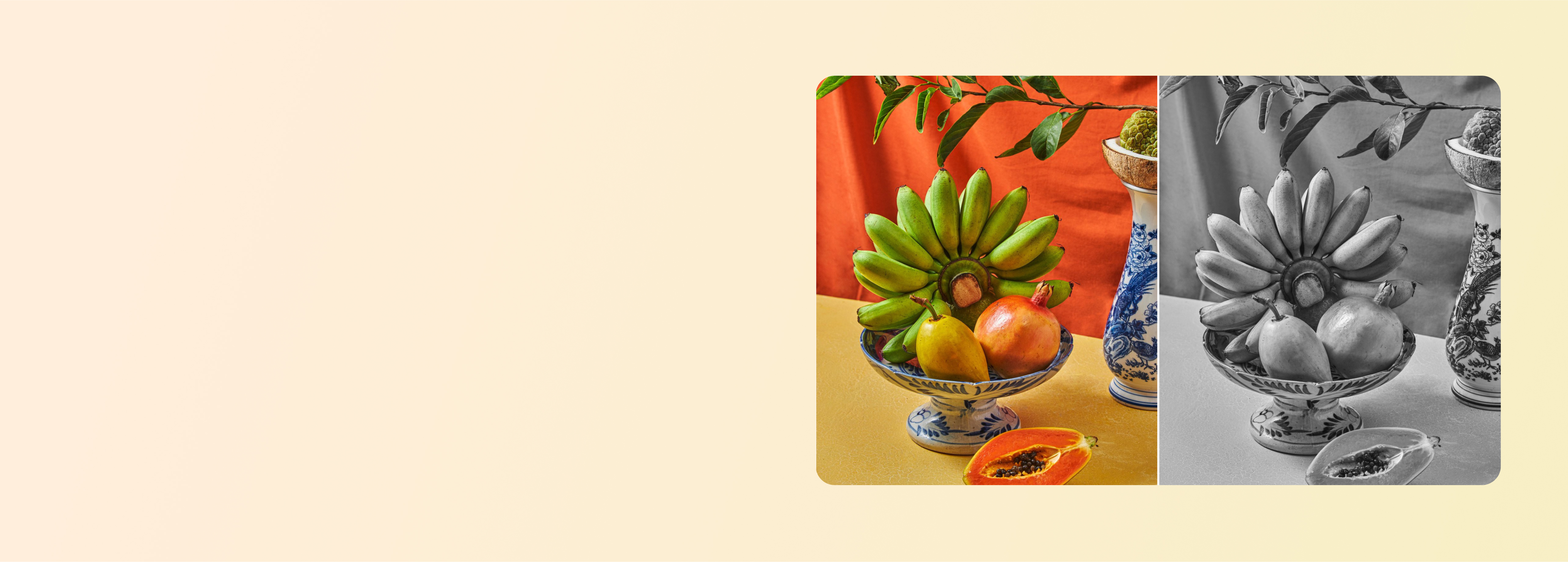 Photo de nature morte avec des fruits en noir et blanc à côté de sa version colorisée avec l’outil de colorisation photo de Canva