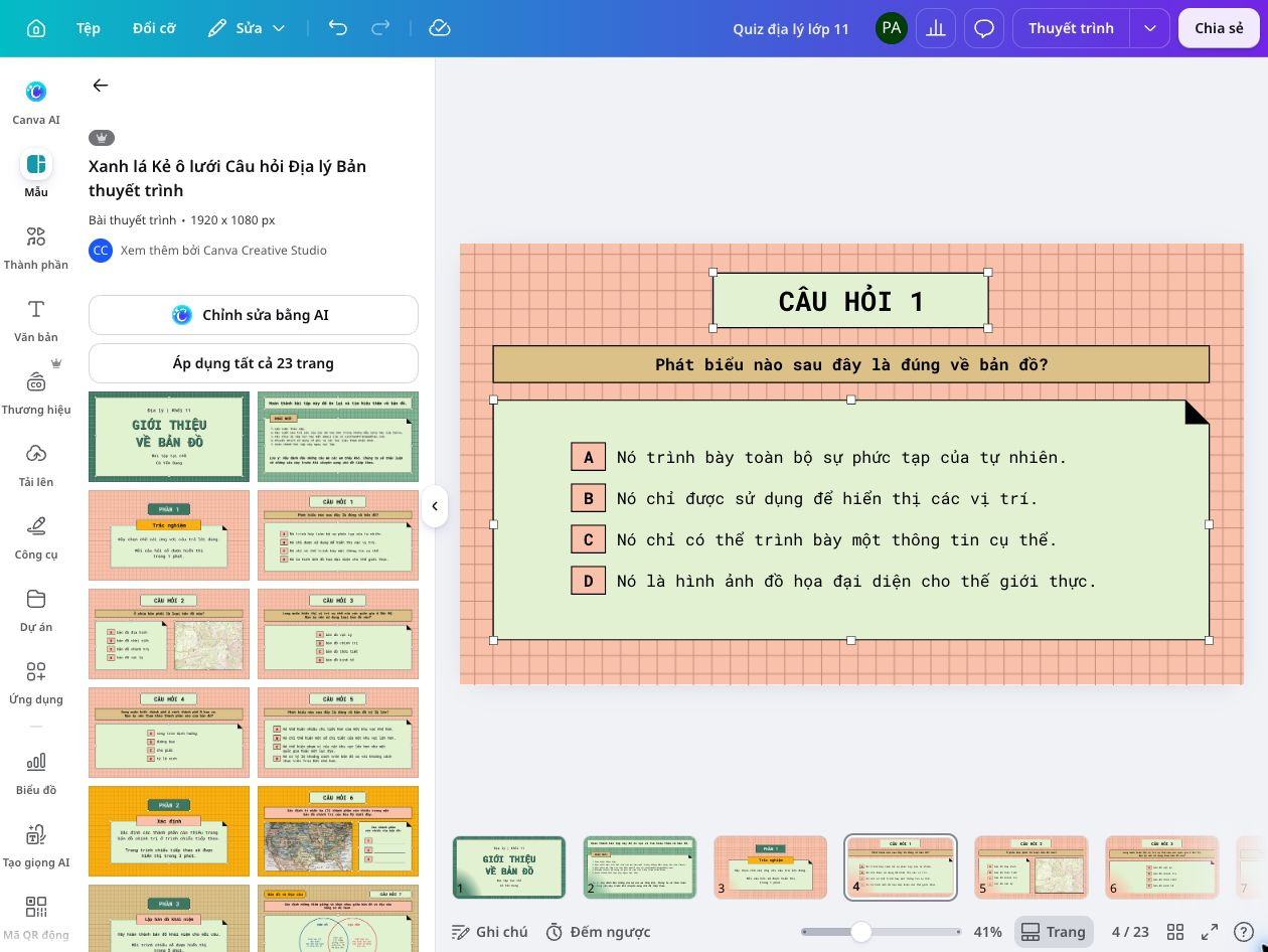 Create Quizzes Lead Màn hình Canva đang chỉnh sửa bài thuyết trình đố vui với câu hỏi địa lý, bốn phương án và dải slide nhiều trang