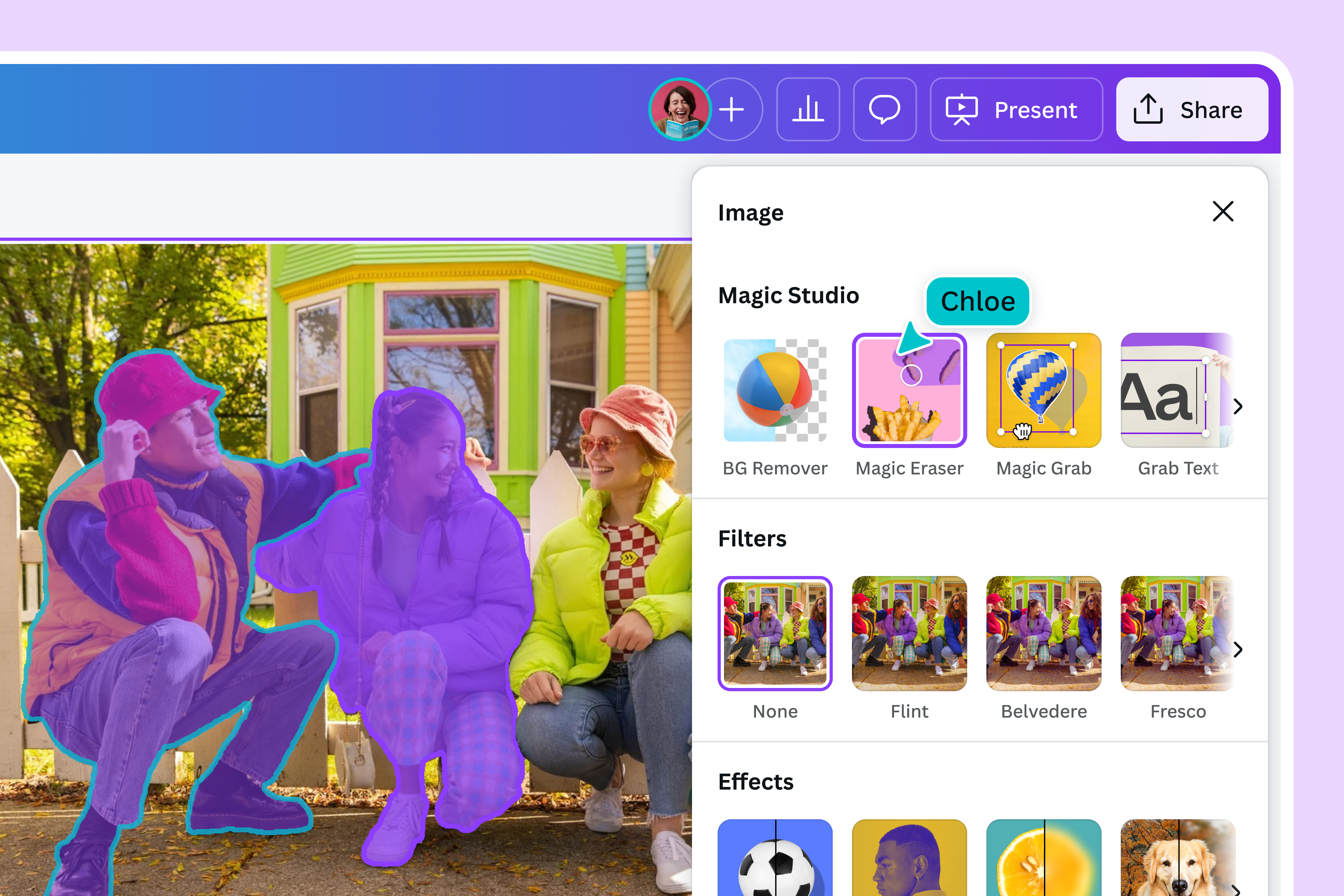 Outil Gomme magique en cours d’utilisation sur Canva sur une image défloutée