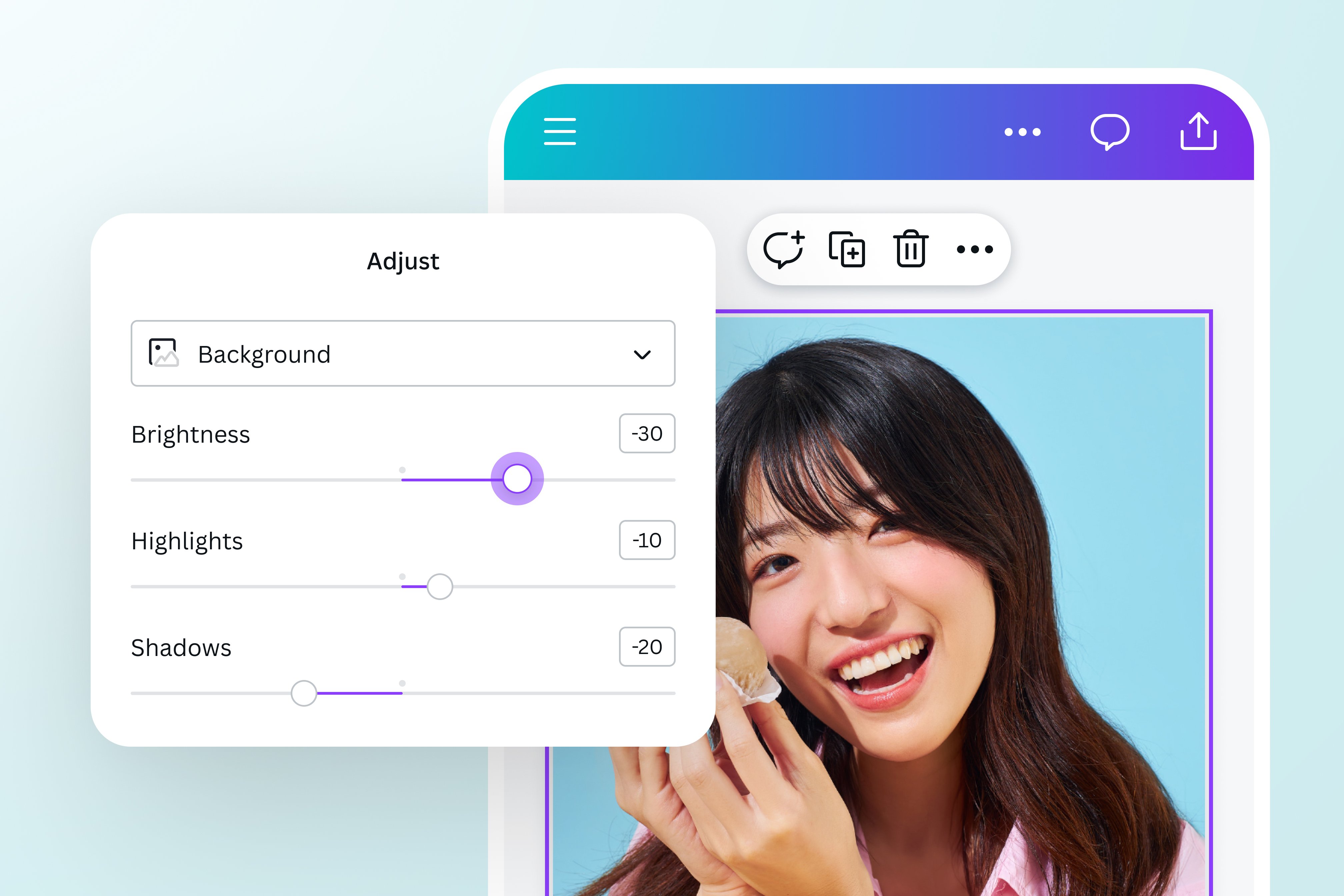 Adjust the brightness, highlights, and shadows of the image background