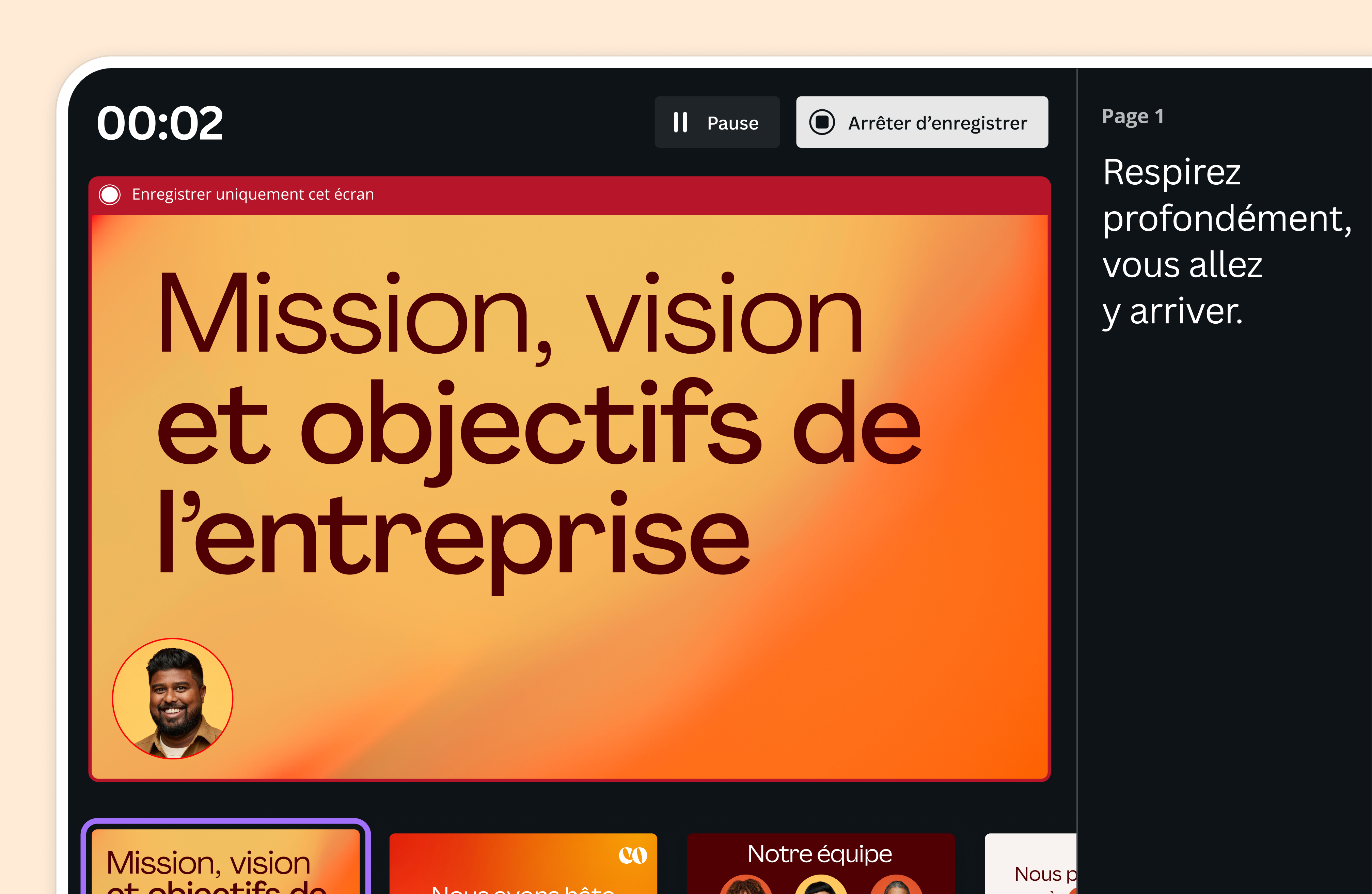 Vidéo sur les objectifs stratégiques d'une entreprise en cours de présentation et d'enregistrement audio et vidéo sur Canva