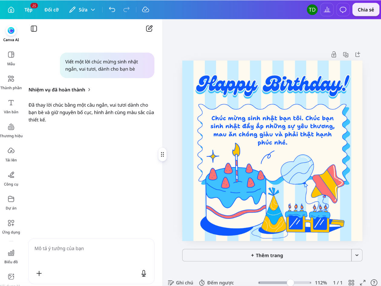 Gợi ý câu chữ với Canva AI Canva AI gợi ý câu chữ tiếng Việt cho thiết kế dùng phông chữ viết tay
