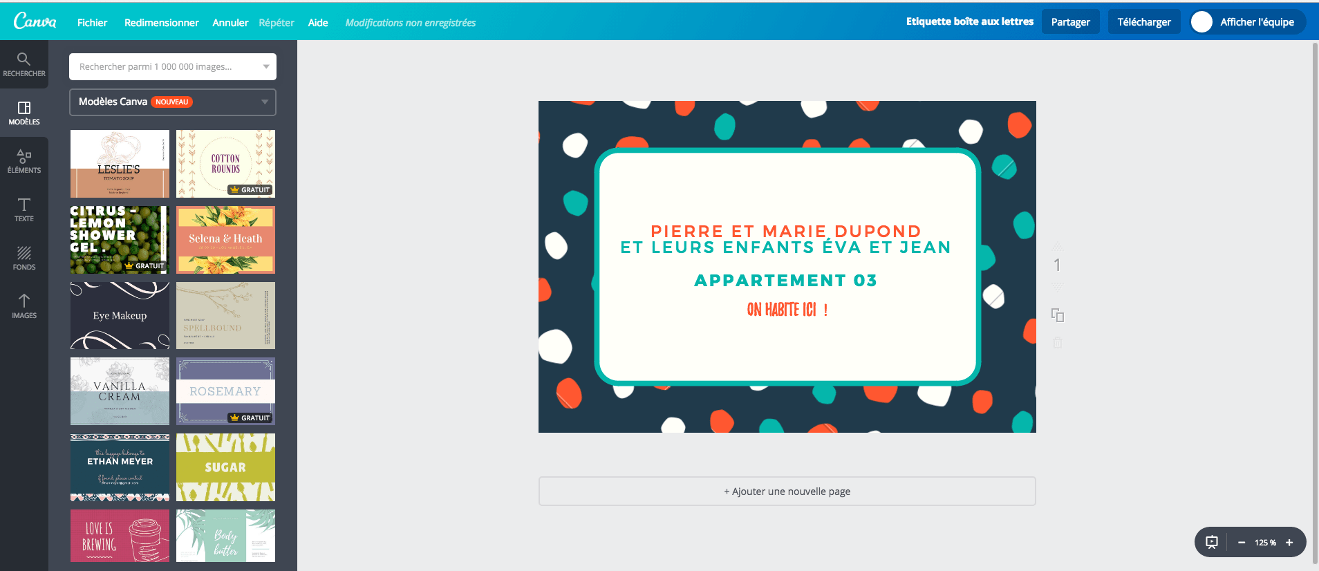 Etiquette de boîte aux lettres en cours de création sur Canva avec une sélection de modèles d’étiquettes de boîte aux lettres à imprimer gratuitement sur la gauche Etiquette de boîte aux lettres en cours de création sur Canva avec une sélection de modèles d’étiquettes de boîte aux lettres à imprimer gratuitement sur la gauche