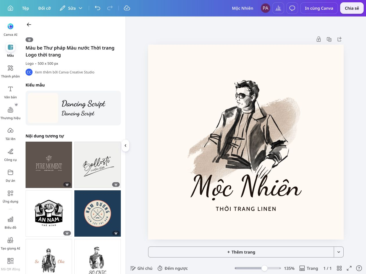 Thiết kế Logo shop quần áo Trình chỉnh sửa Canva hiển thị logo Mộc Nhiên trên trang vuông, bên cạnh bảng Mẫu với các thiết kế logo thời trang.