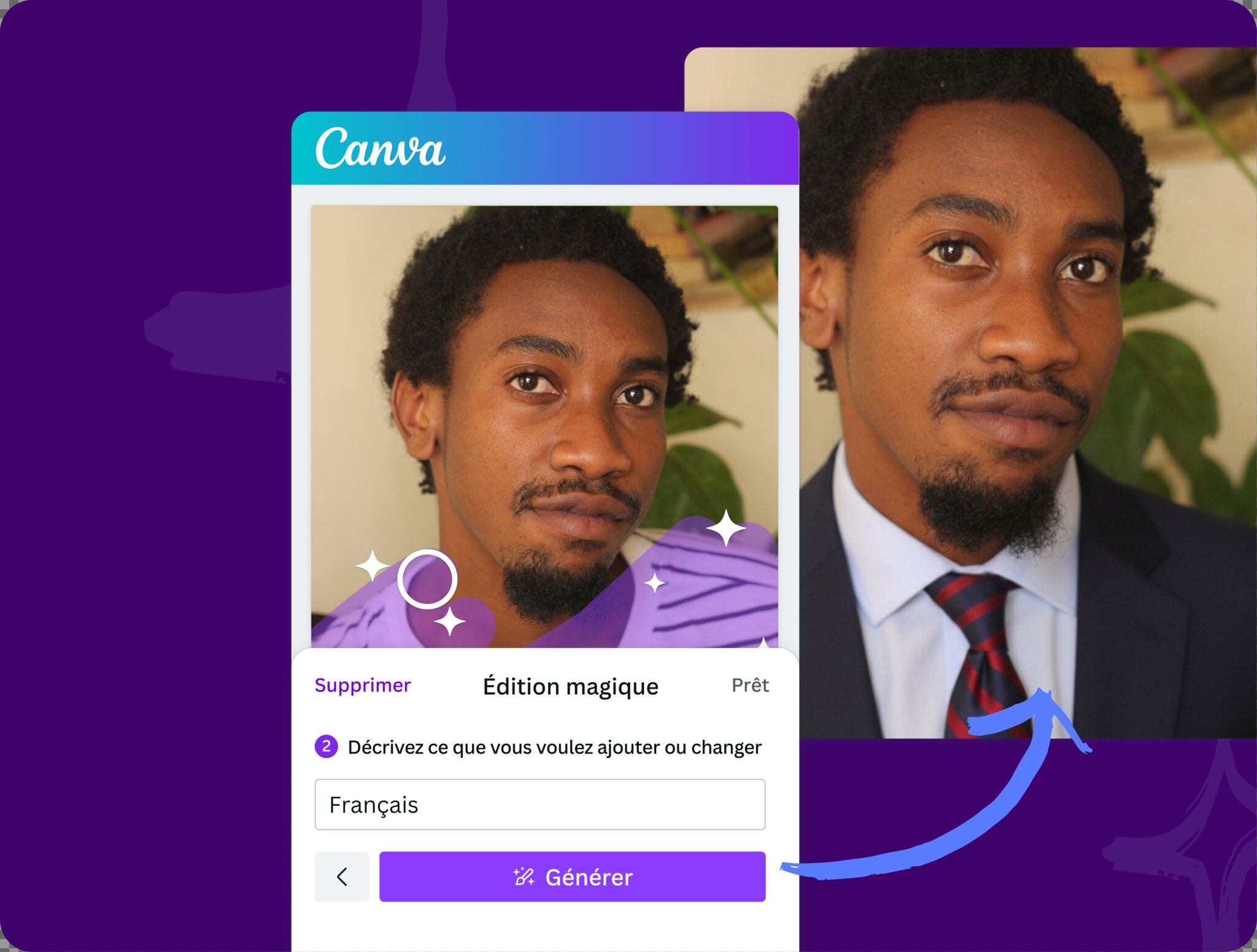 Générateur IA de photo professionnelle en cours d’utilisation sur Canva pour améliorer un portrait Générateur IA de photo professionnelle en cours d’utilisation sur Canva pour améliorer un portrait