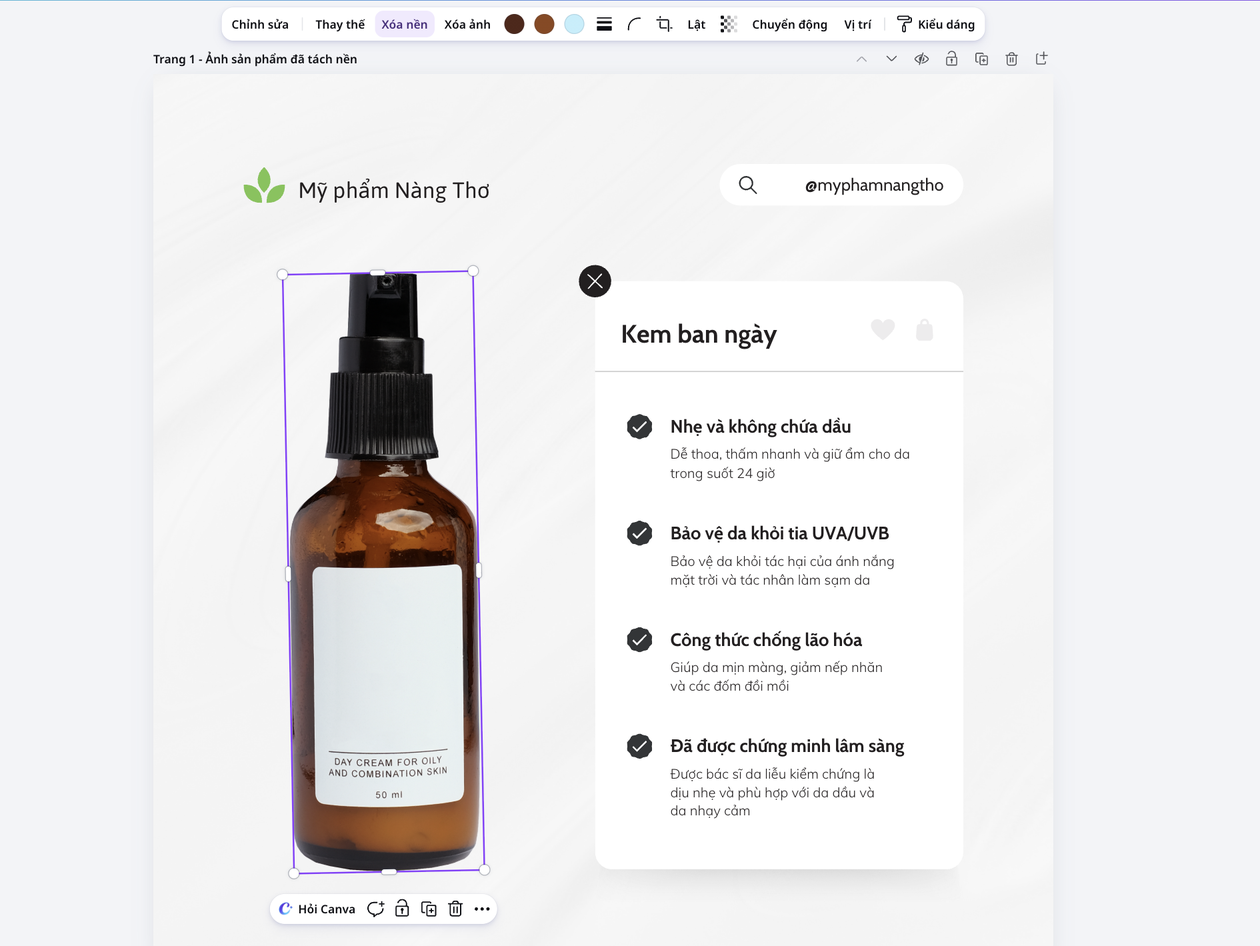 Sản phẩm mỹ phẩm được tách nền trong trình chỉnh sửa Canva
