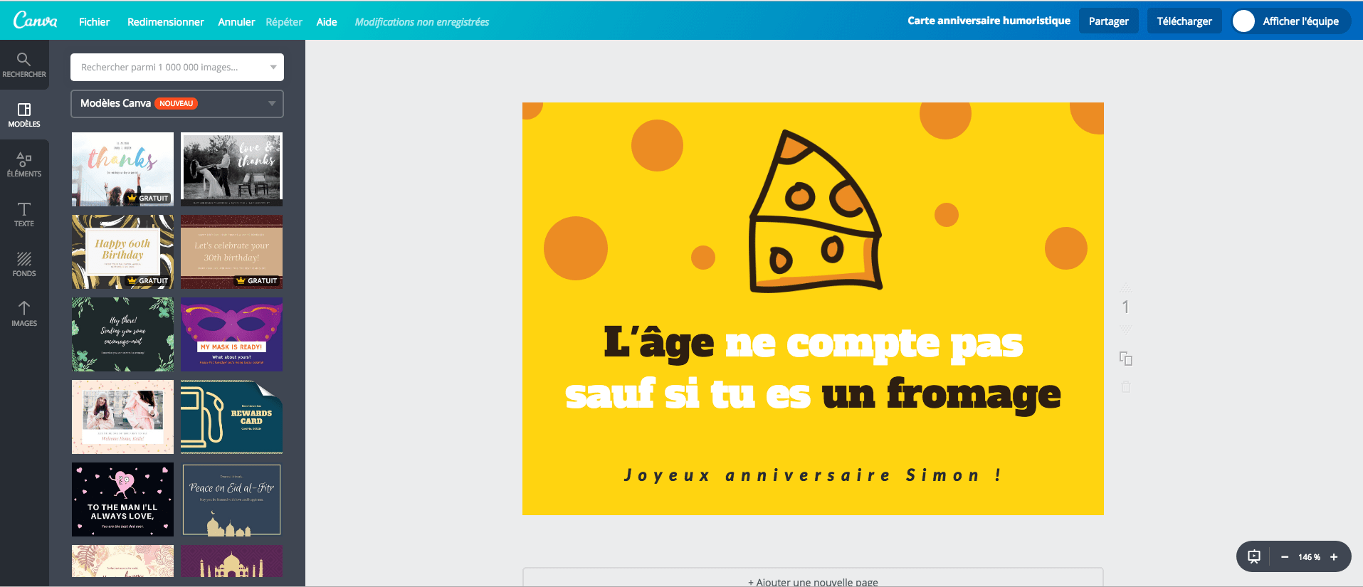 Carte d’anniversaire humour fromage en cours de création sur Canva