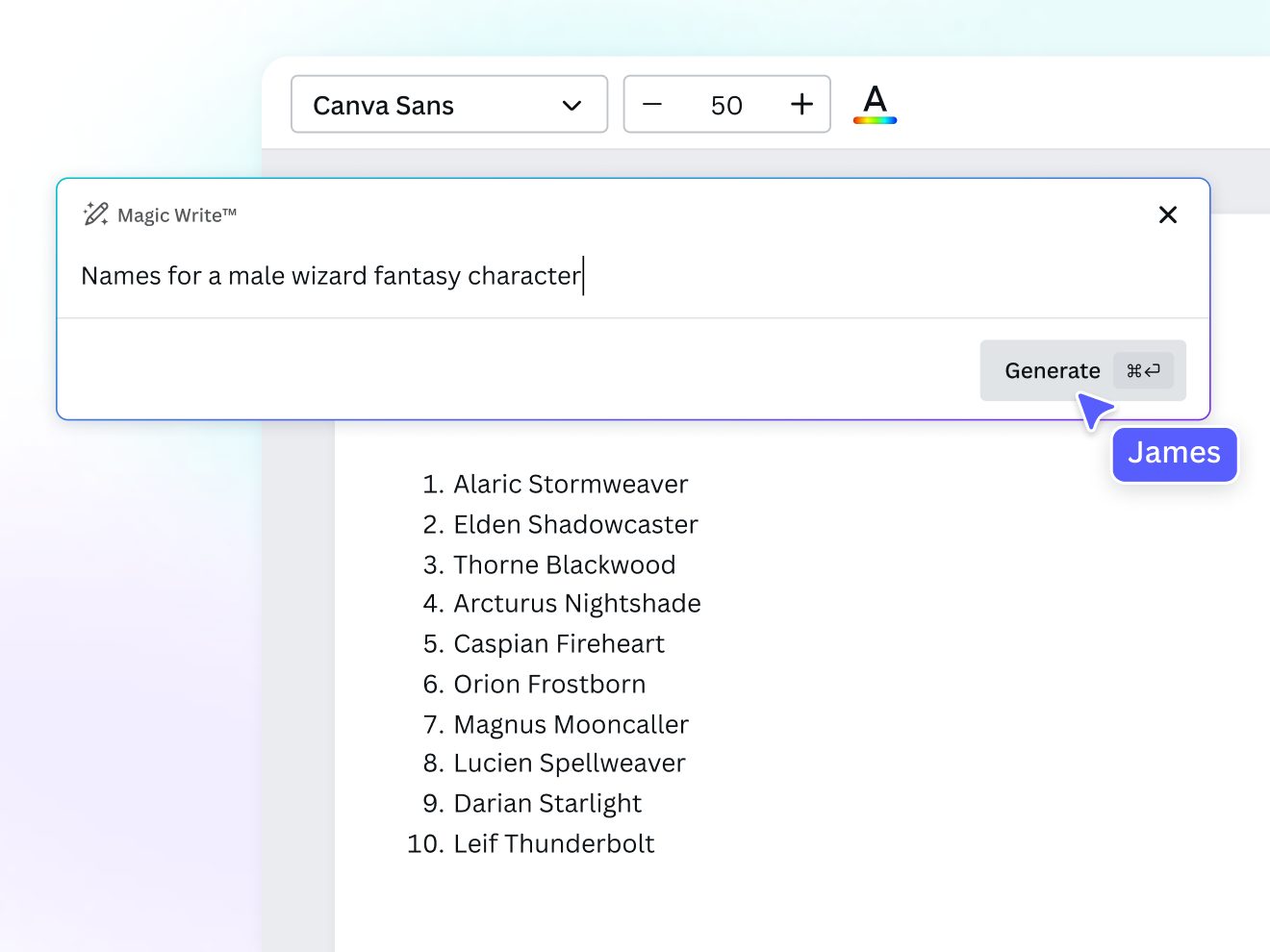 Preview of Name Generator using Magic Write