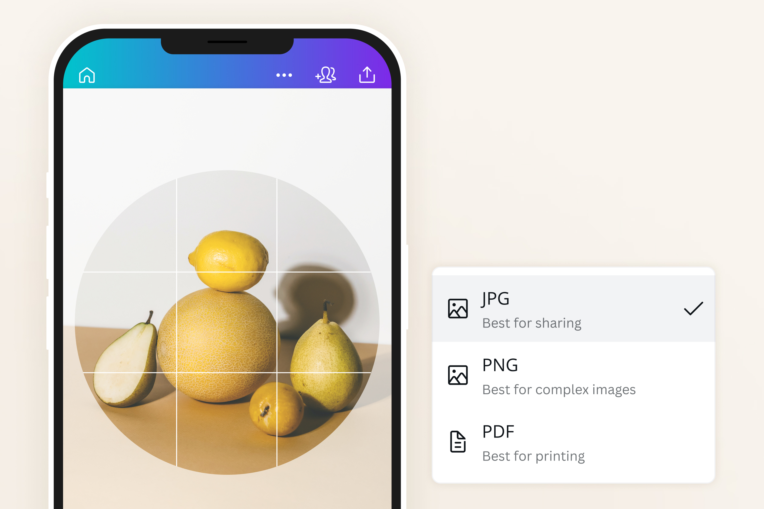 Mobile interface for circle crop tool showing fruit still-life with grid overlay and format choices JPG, PNG, PDF