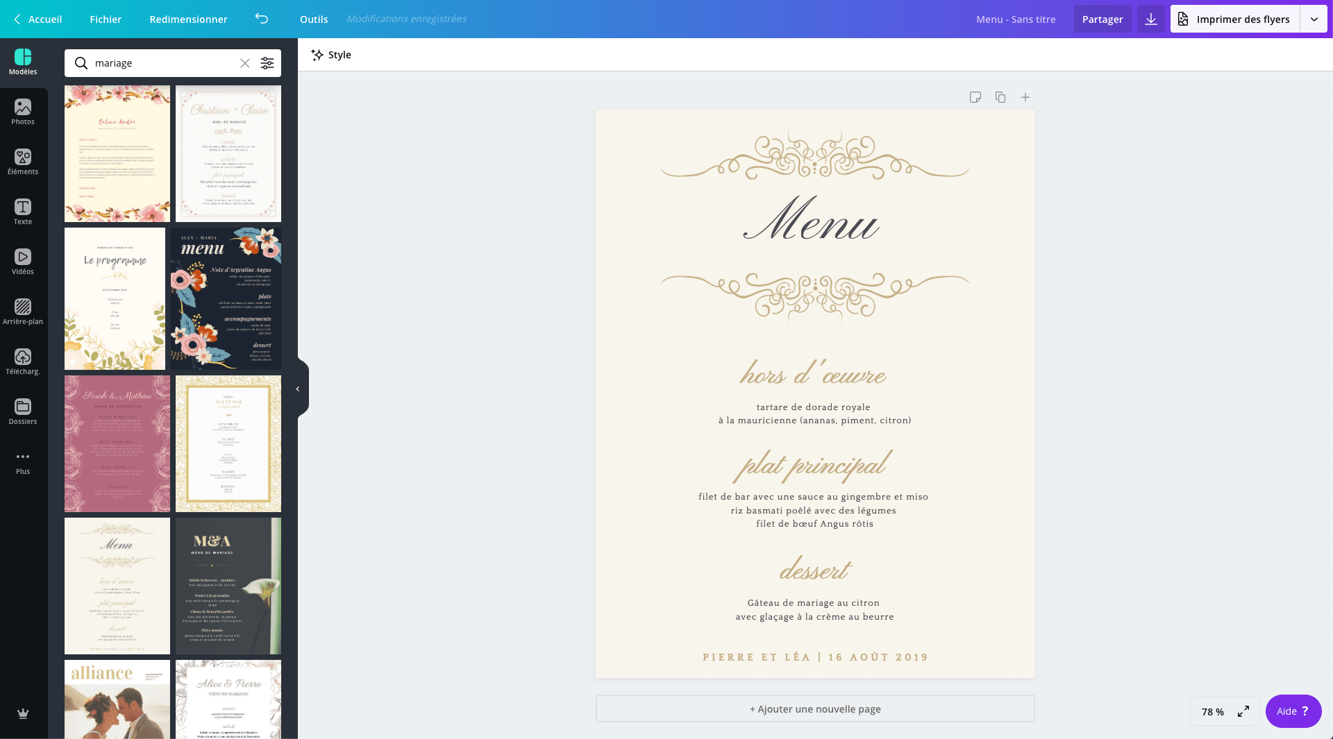 Menu de mariage Menu de mariage