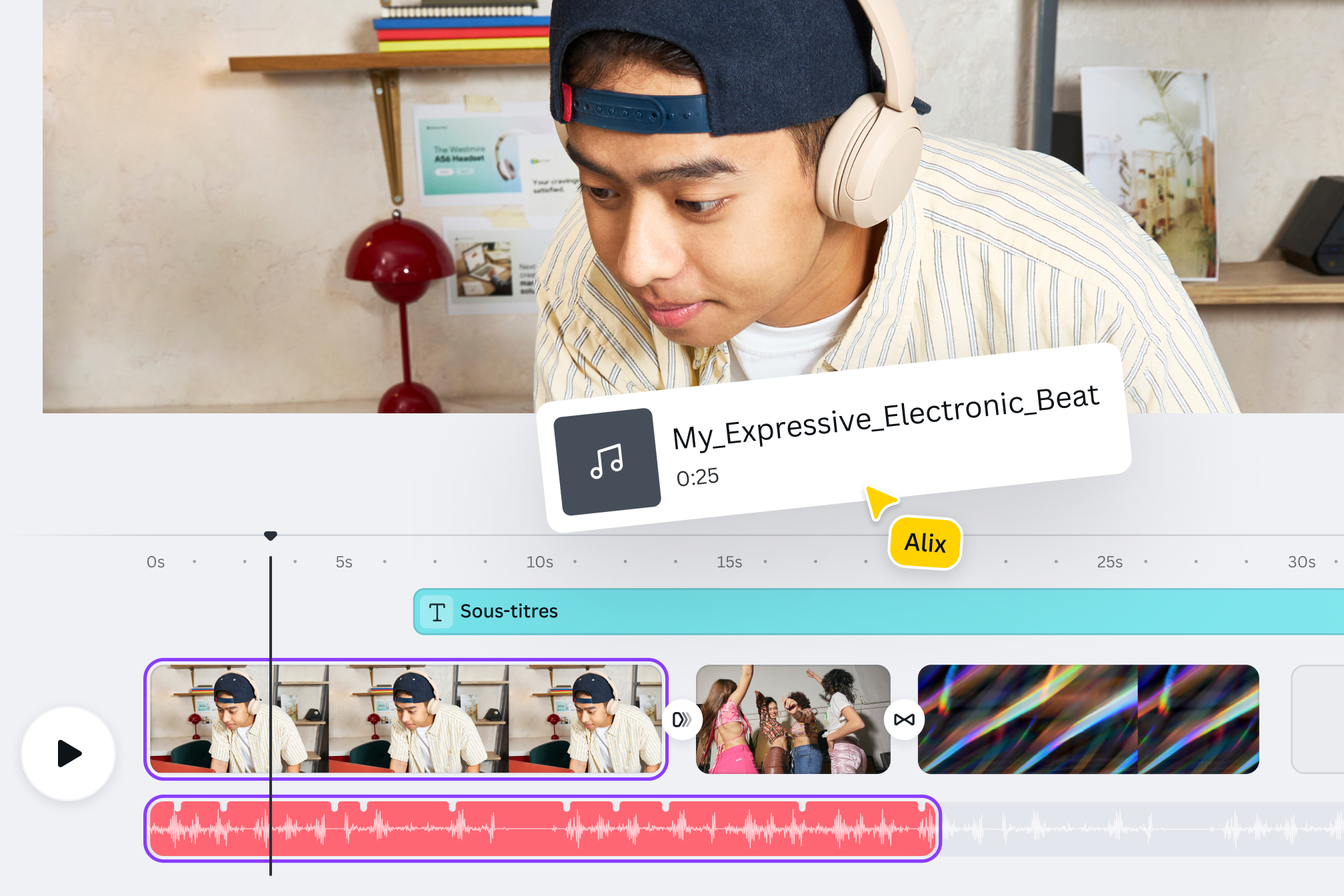 Vidéo ouverte sur Canva et options de musique IA avec AI Music dans la barre latérale, proposant différents choix d’énergie et d’ambiance Vidéo ouverte sur Canva et options de musique IA avec AI Music dans la barre latérale, proposant différents choix d’énergie et d’ambiance