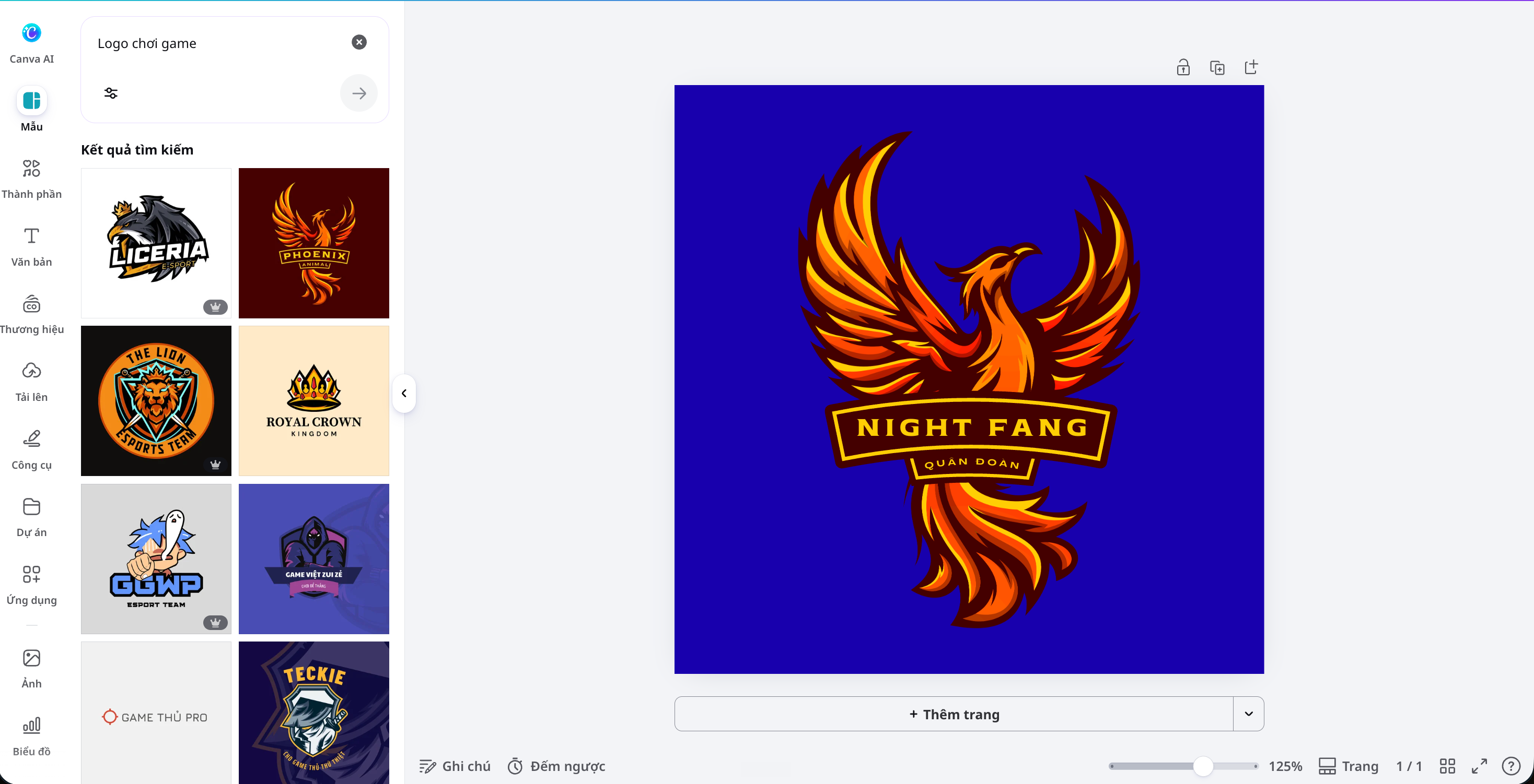 tạo logo gaming với Canva Giao diện Canva hiển thị logo gaming NIGHT FANG đã đổi tên, dòng phụ và màu nền trên khung vuông 500 x 500 px