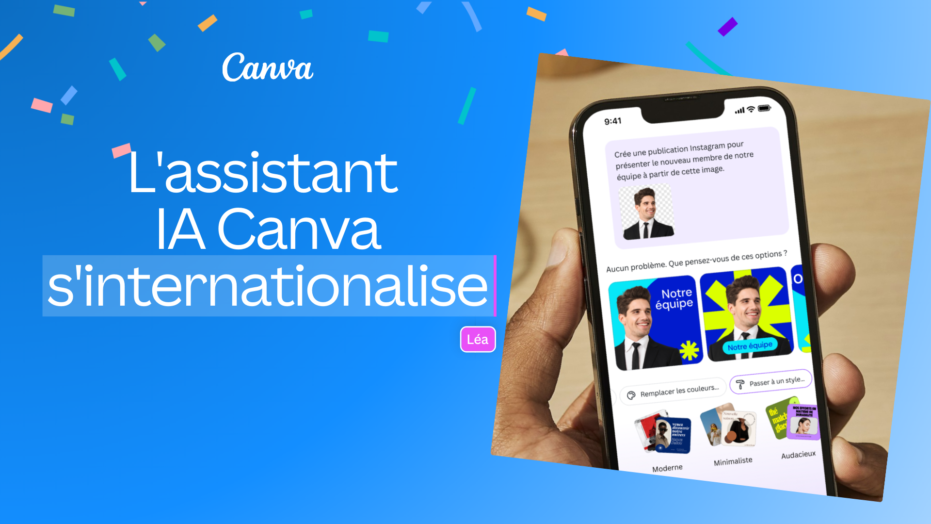 Blue thumbnail saying Canva AI assistant goes global with an image of a phone
