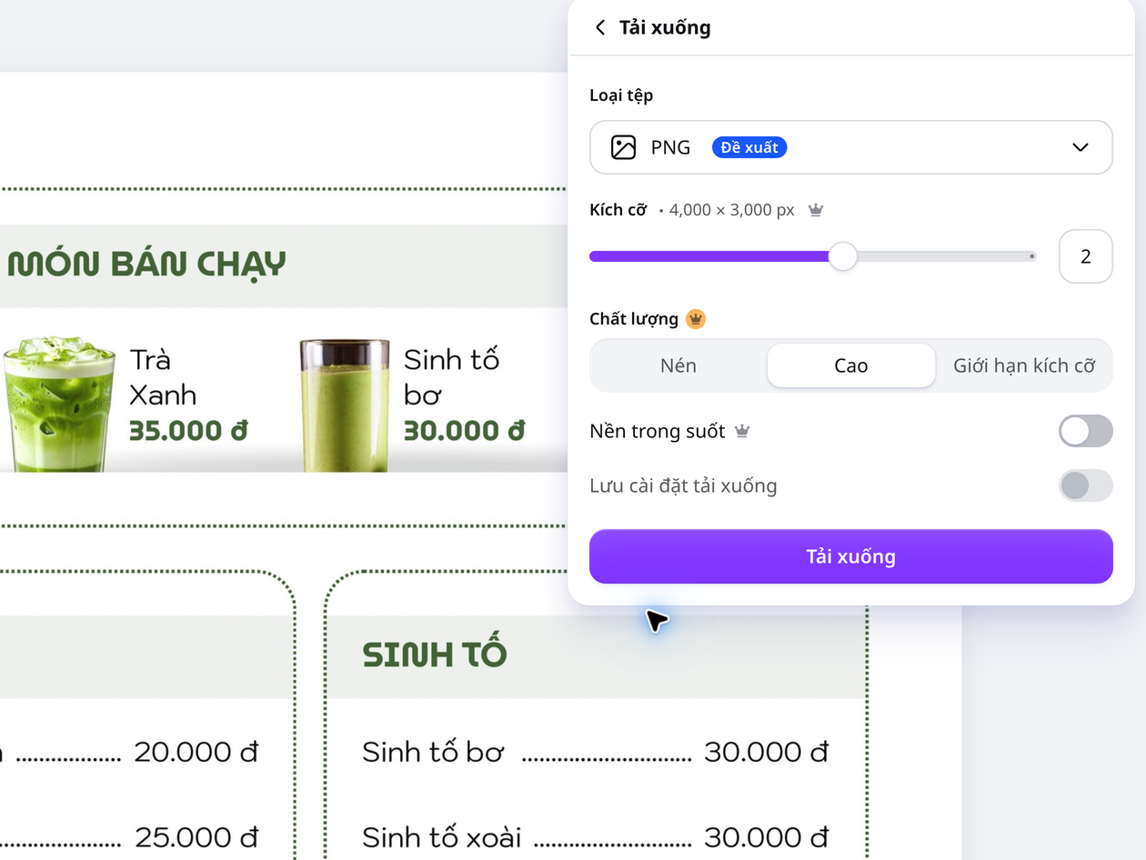 Điều chỉnh kích thước ảnh PNG trong bảng tải xuống của Canva