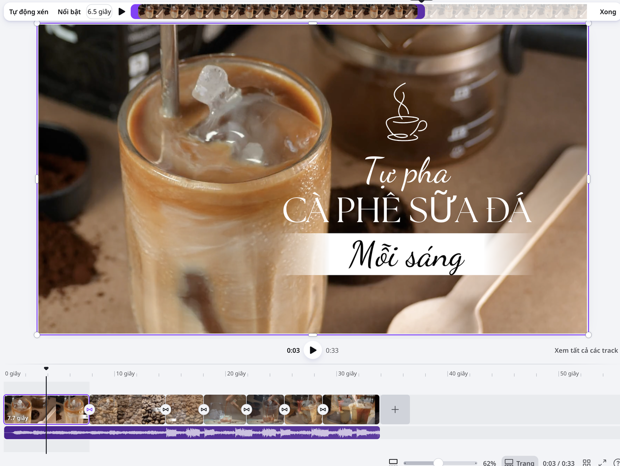 Cắt đoạn video để ghép nhiều video với nhau Cắt gọn clip pha cà phê sữa đá trên dòng thời gian Canva trước khi ghép video