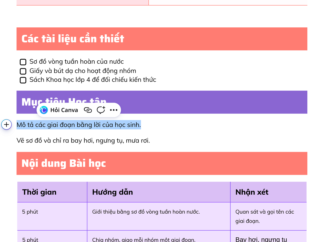 Điều chỉnh nội dung giáo án theo lớp học trong Canva