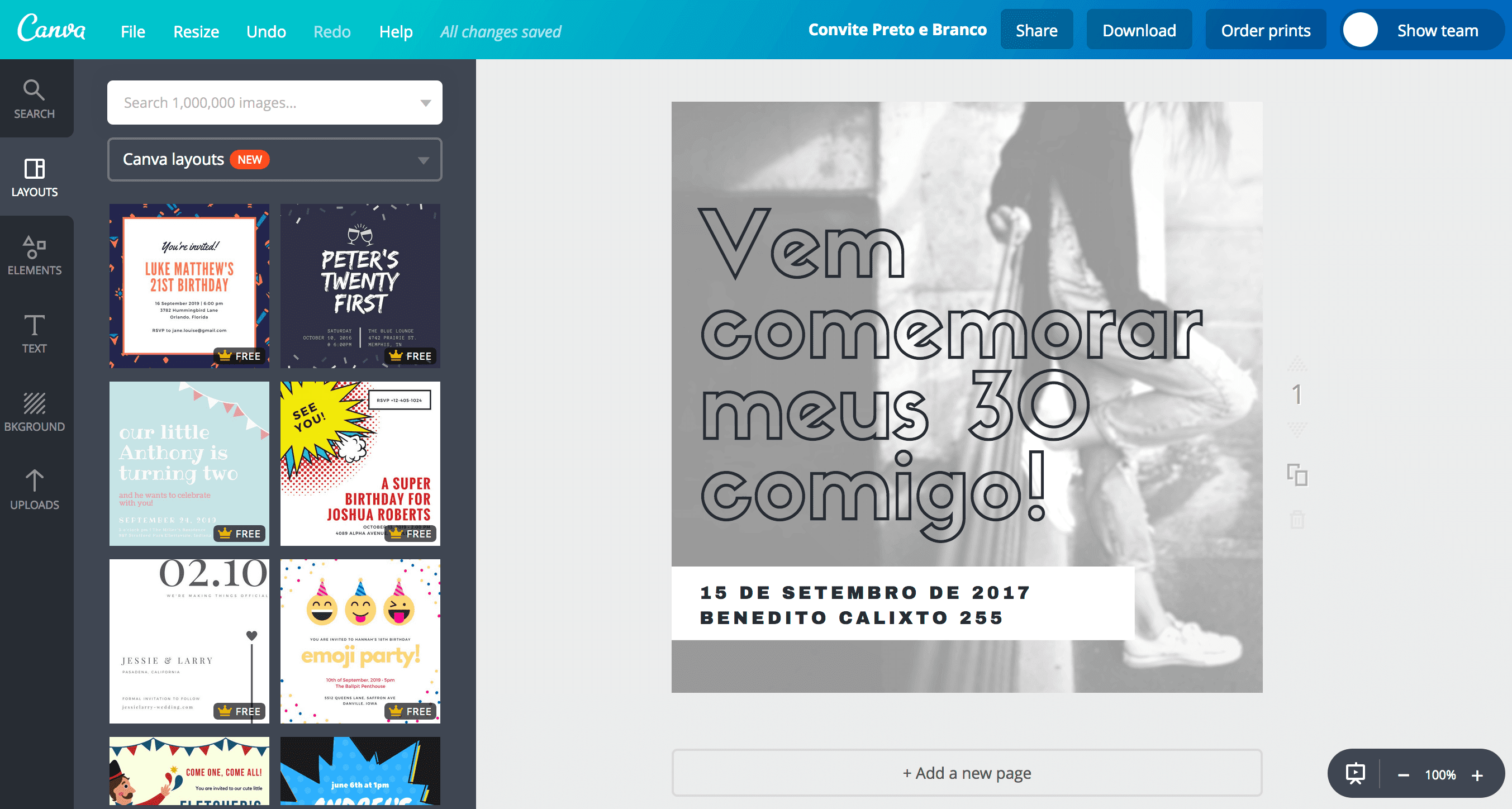 Convite de aniversário preto e branco Convite de aniversário preto e branco