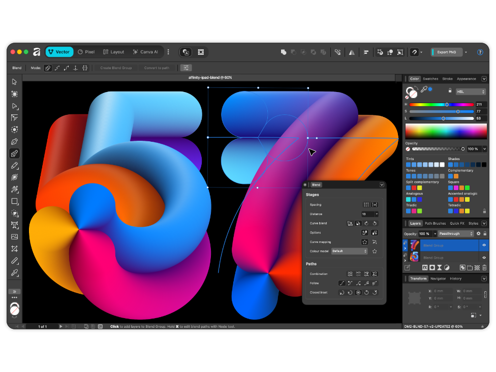 Official Canva newsroom screenshot of the Affinity Blend Tool with a glossy 3D blend between two rainbow gradient shapes and the Blend panel open on the right