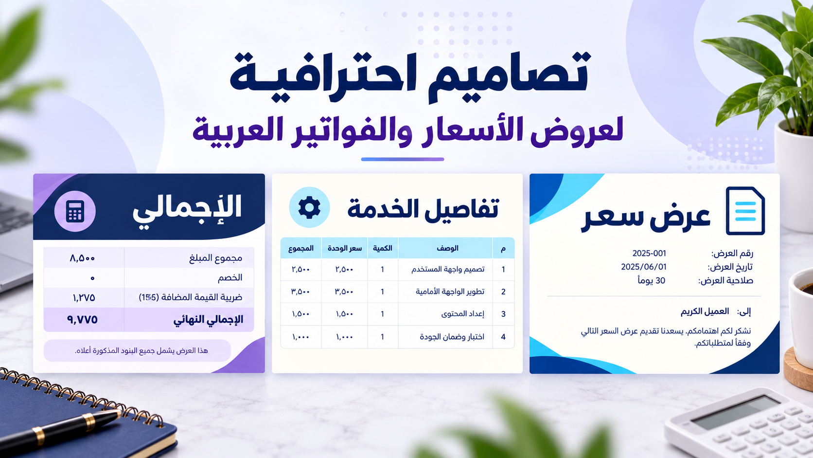 تصميم عرض سعر بالعربية نموذج عرض سعر عربي ببنود وأسعار وإجمالي واضح