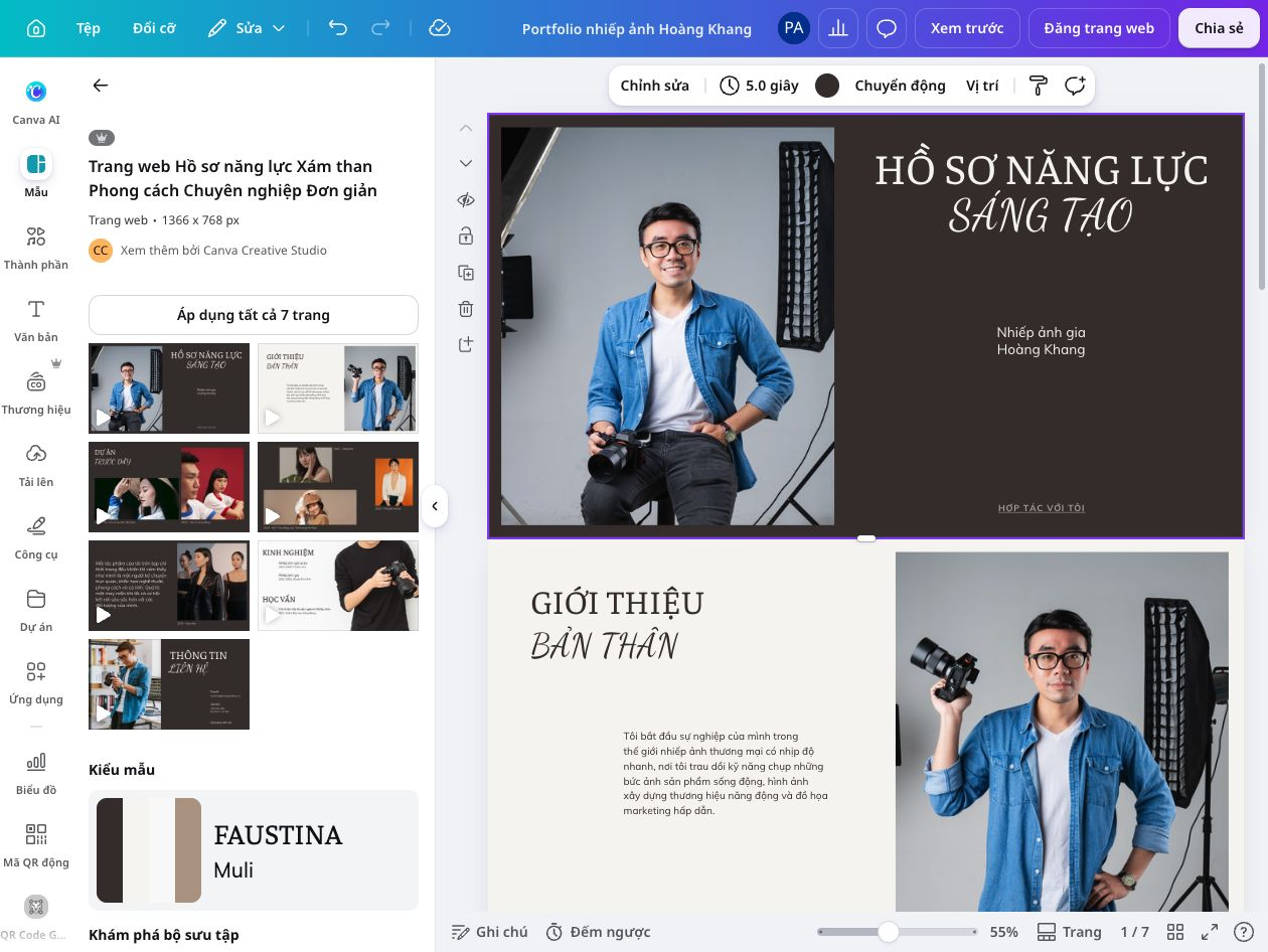 Portfolio nhiếp ảnh trong Canva với ảnh chân dung và phần giới thiệu bản thân.