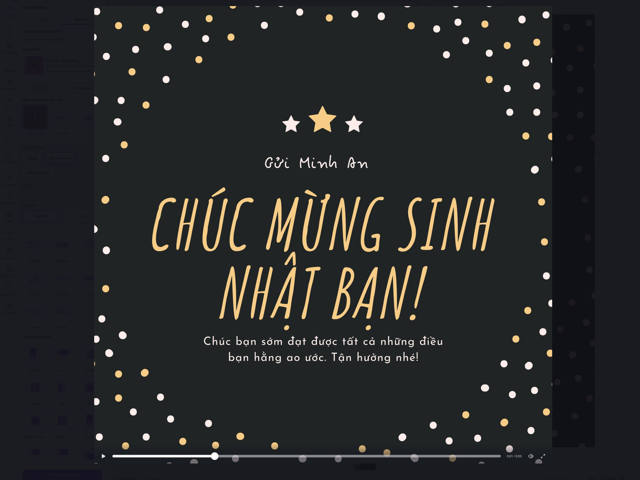 Xem trước lời chúc sinh nhật với chữ hiện dần trên Canva.