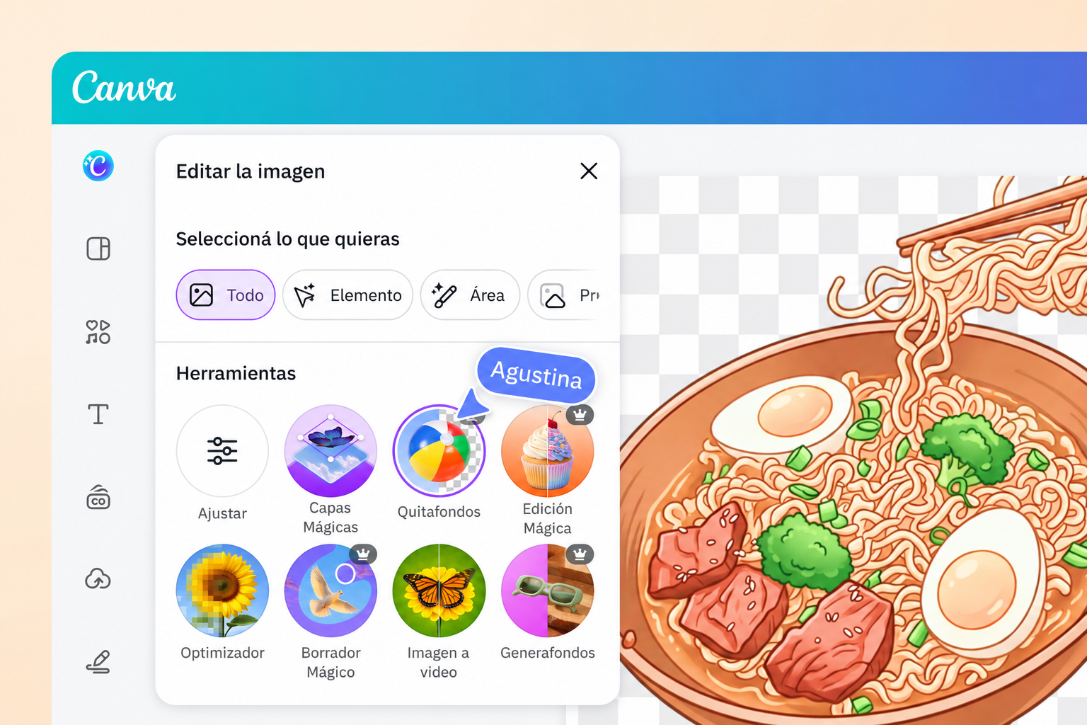 Foto de un plato de ramen convertida en una caricatura con Canva.