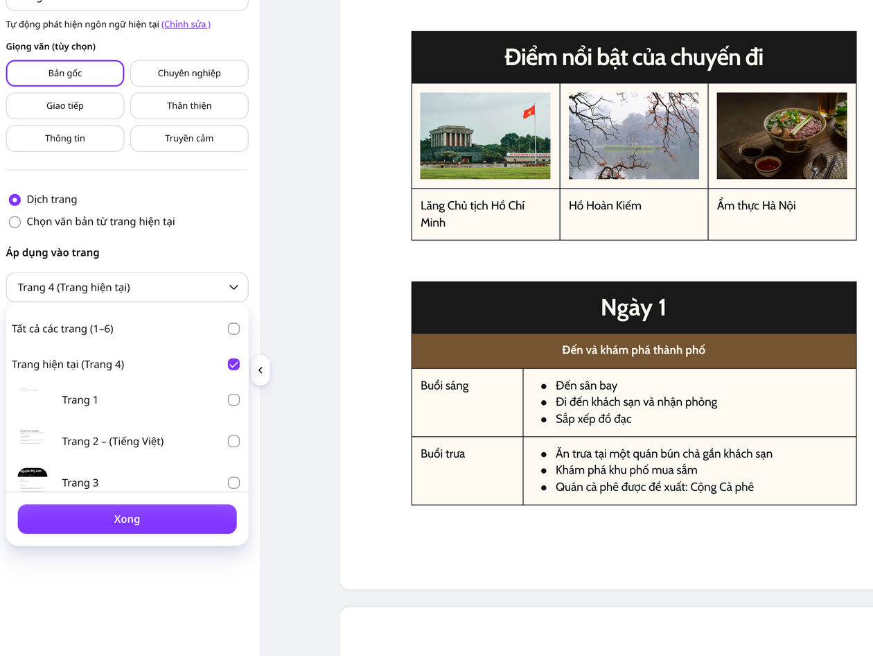 Chọn các trang cần dịch trong công cụ Dịch của Canva