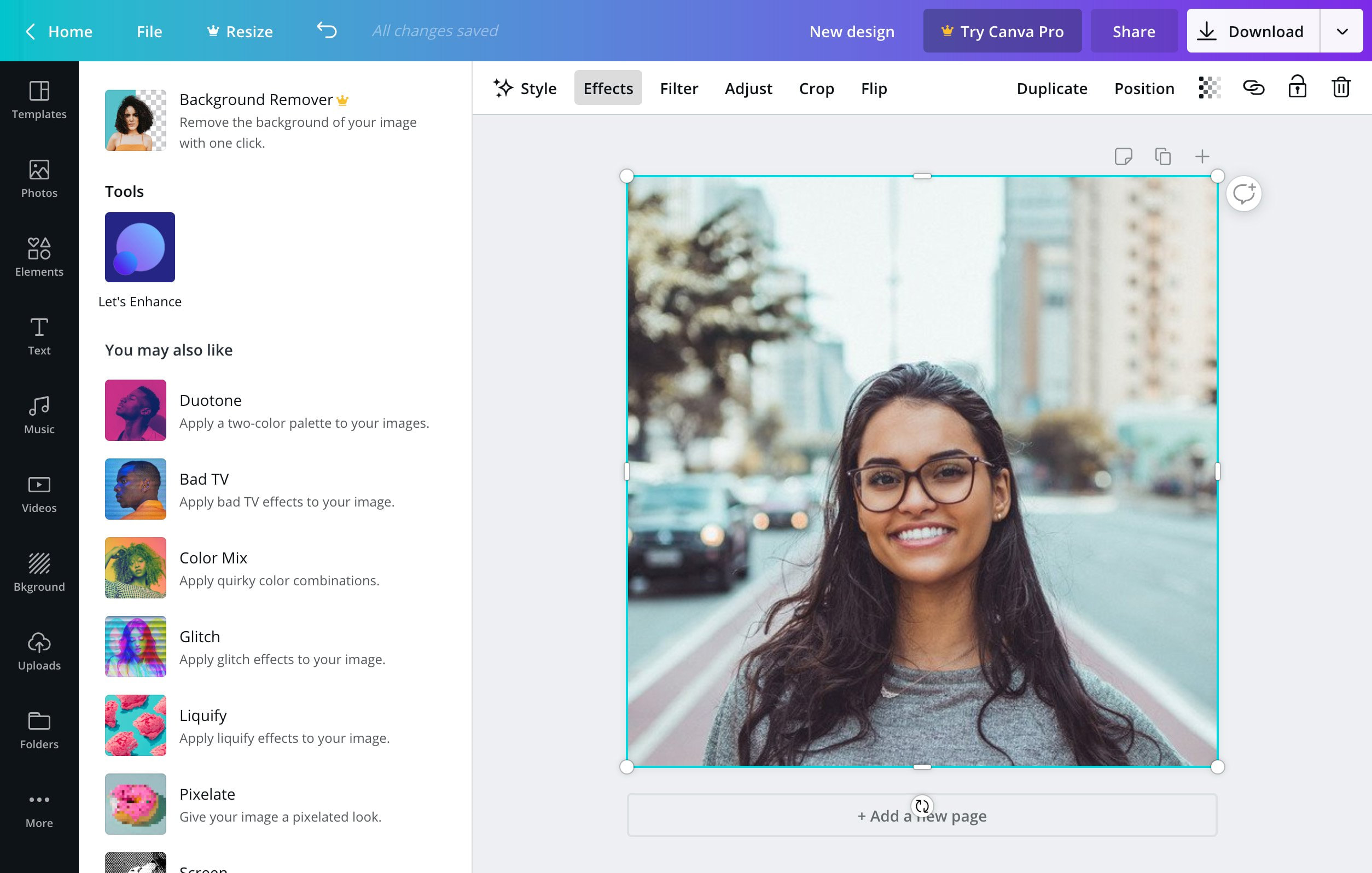 Aperçu des options d’effets photo de Canva