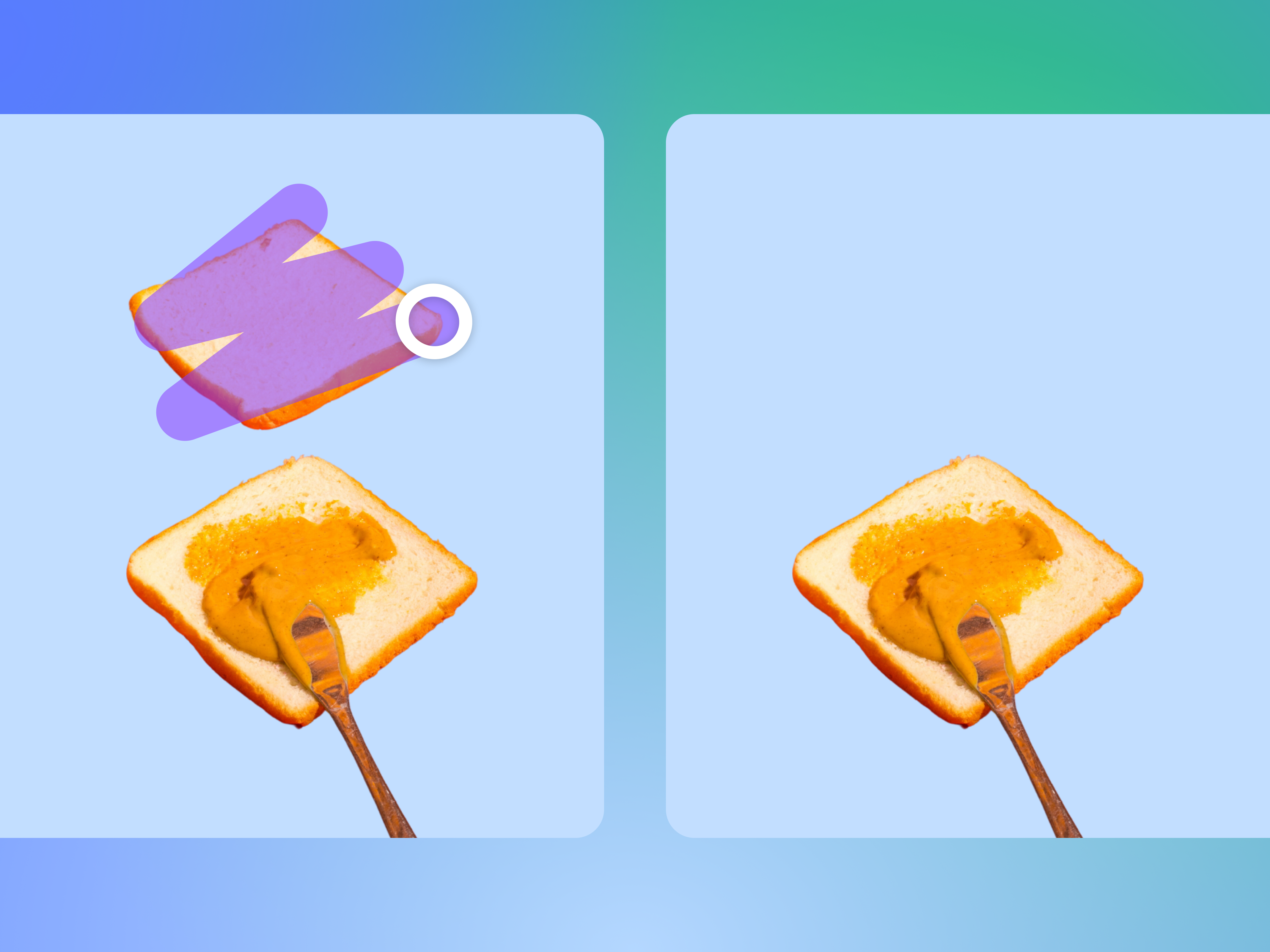 Outil Gomme magique de Canva utilisé sur une photo de tartine pour effacer l'une des tranches de pain automatiquement