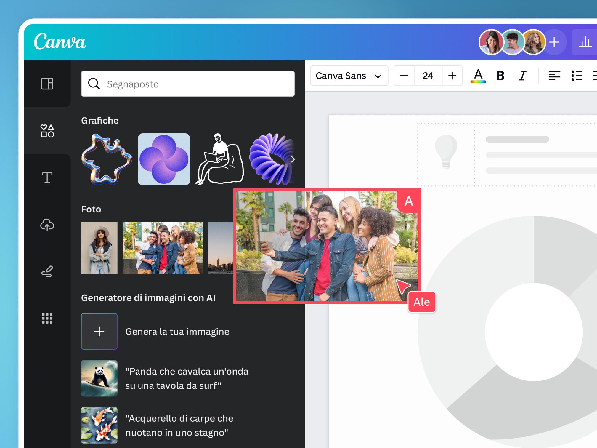 Anteprima della funzioni di modifica drag and drop, formattazione, strumenti di visualizzazione dati, libreria di contenuti di Canva Docs