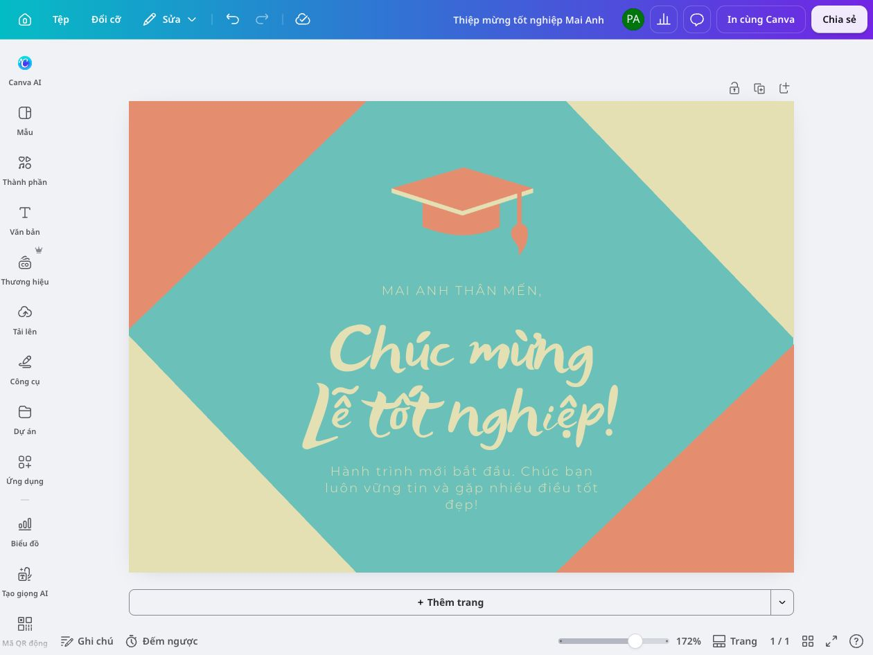 Thiệp chúc mừng tốt nghiệp với mũ cử nhân và nền nhiều màu trong Canva.