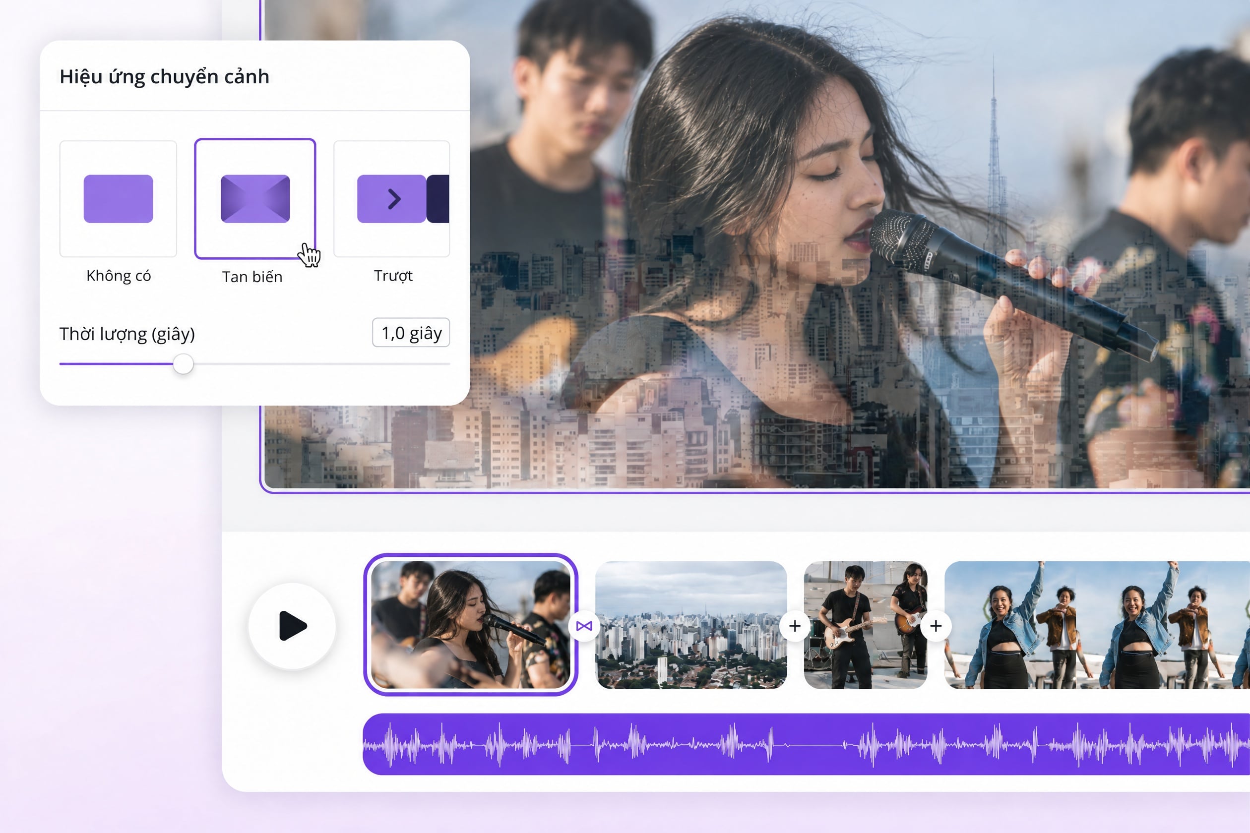 Thêm chuyển cảnh khi ghép video Thêm hiệu ứng chuyển cảnh Tan biến giữa các clip ban nhạc trên dòng thời gian Canva