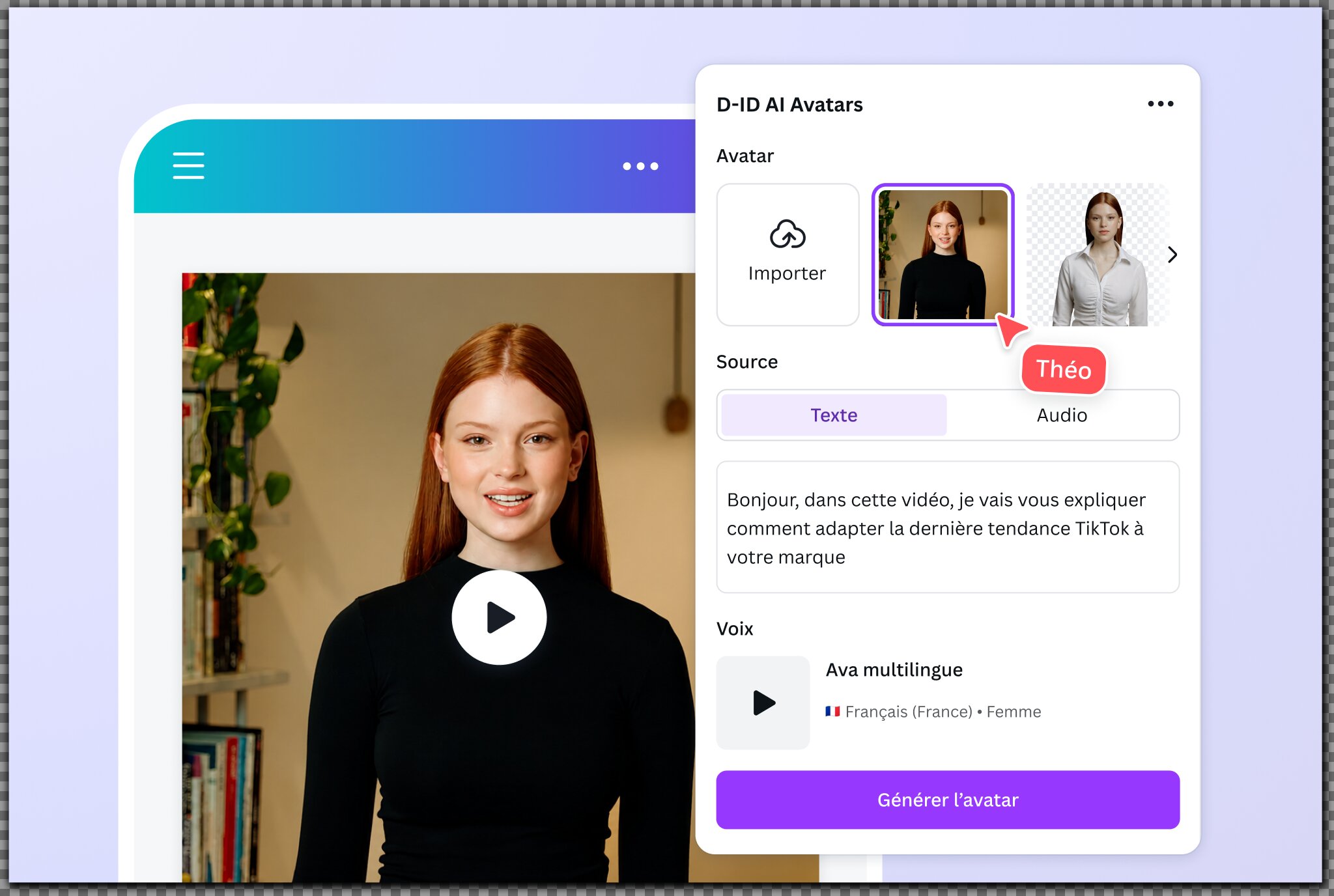 Capture d’écran d’un avatar réaliste de personnage masculin généré par IA avec l’AI Video Generator de Canva