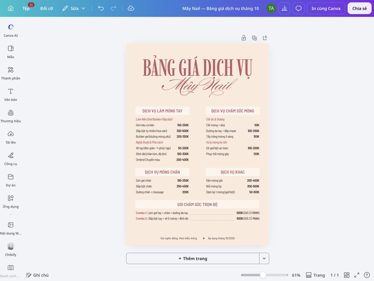 Thiết kế Bảng giá đẹp Bảng giá dịch vụ tiệm nail tiếng Việt với tên dịch vụ, mức giá và các nhóm nội dung rõ ràng trong trình chỉnh sửa Canva.