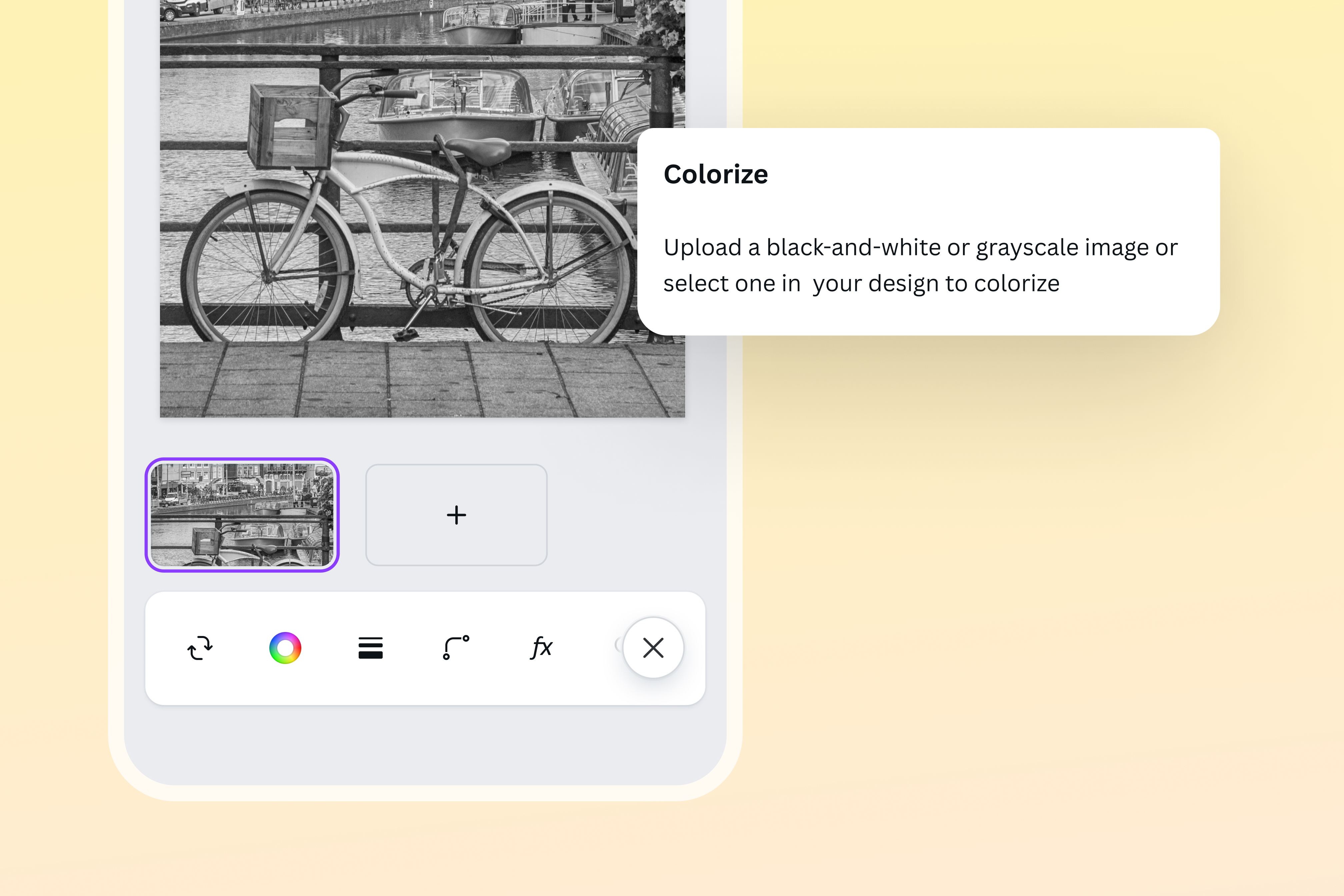 Utilisation de l’outil Colorize sur Canva pour coloriser une photo de vélo en noir et blanc