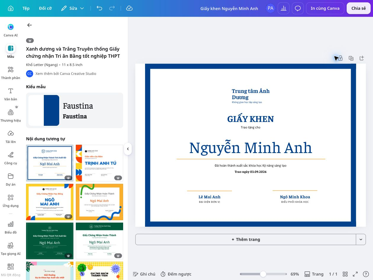 How to make a certificate - Canva Mẫu giấy khen tiếng Việt đang được chỉnh sửa trong Canva.