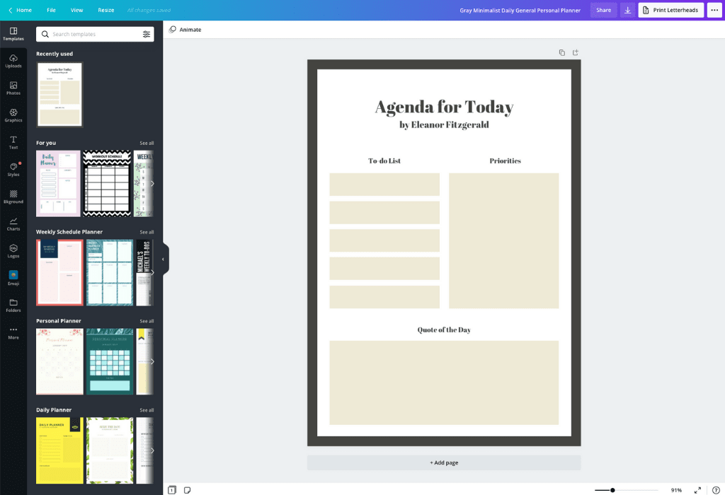 How to make a personal planner - Canva