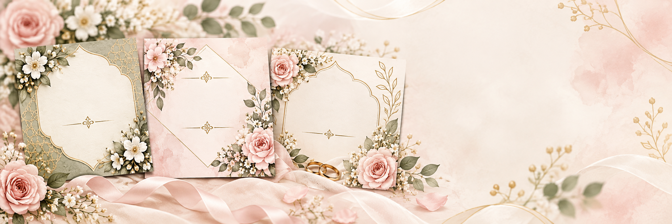 تصميم تهنئة زواج بالذكاء الاصطناعي نماذج بطاقات تهنئة زفاف بأزهار وردية ولمسات ذهبية