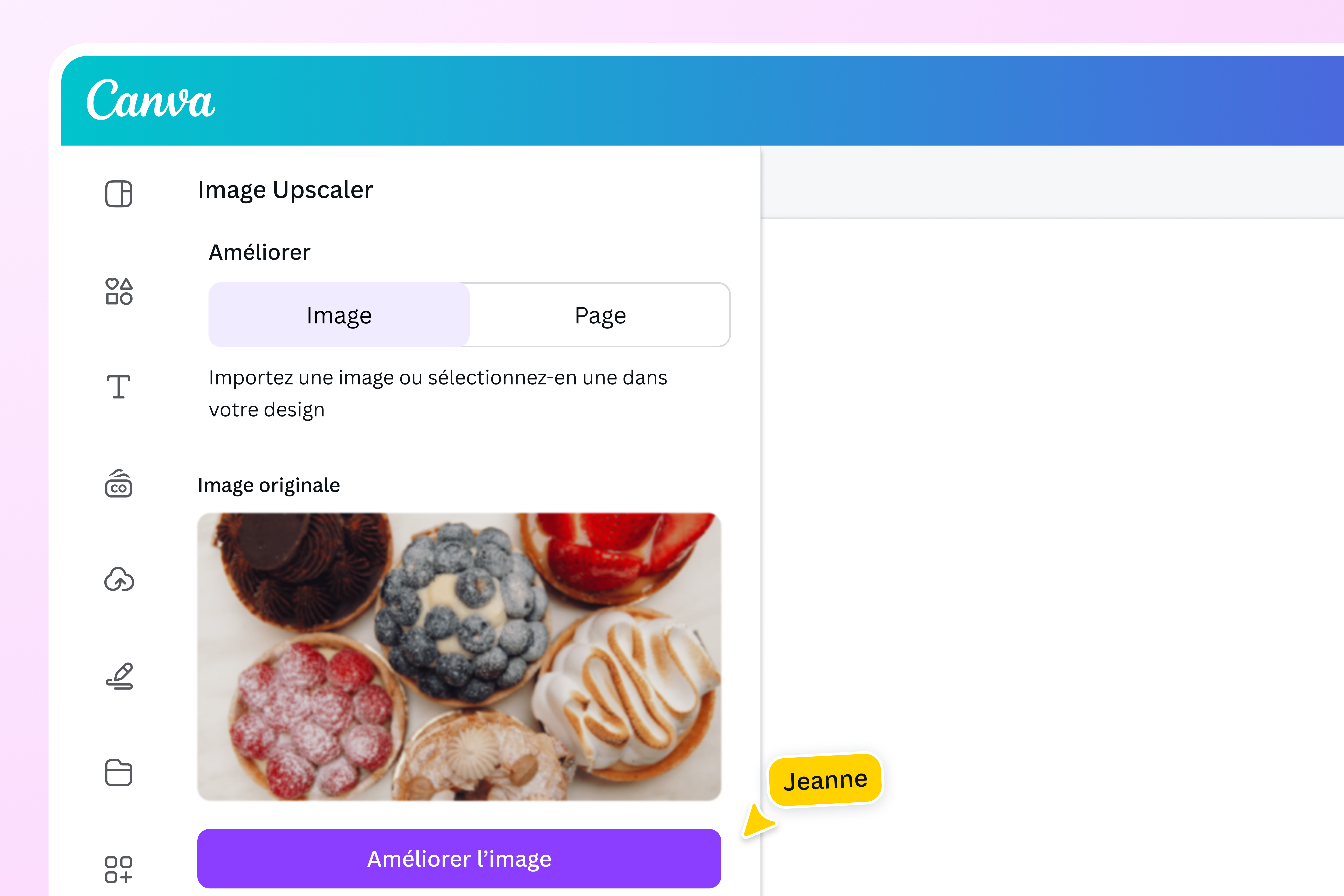 Outil Image Upscaler de Canva appliqué à une photo de pâtisseries Interface de l’outil Image Upscaler de Canva avec une photo de pâtisseries à améliorer