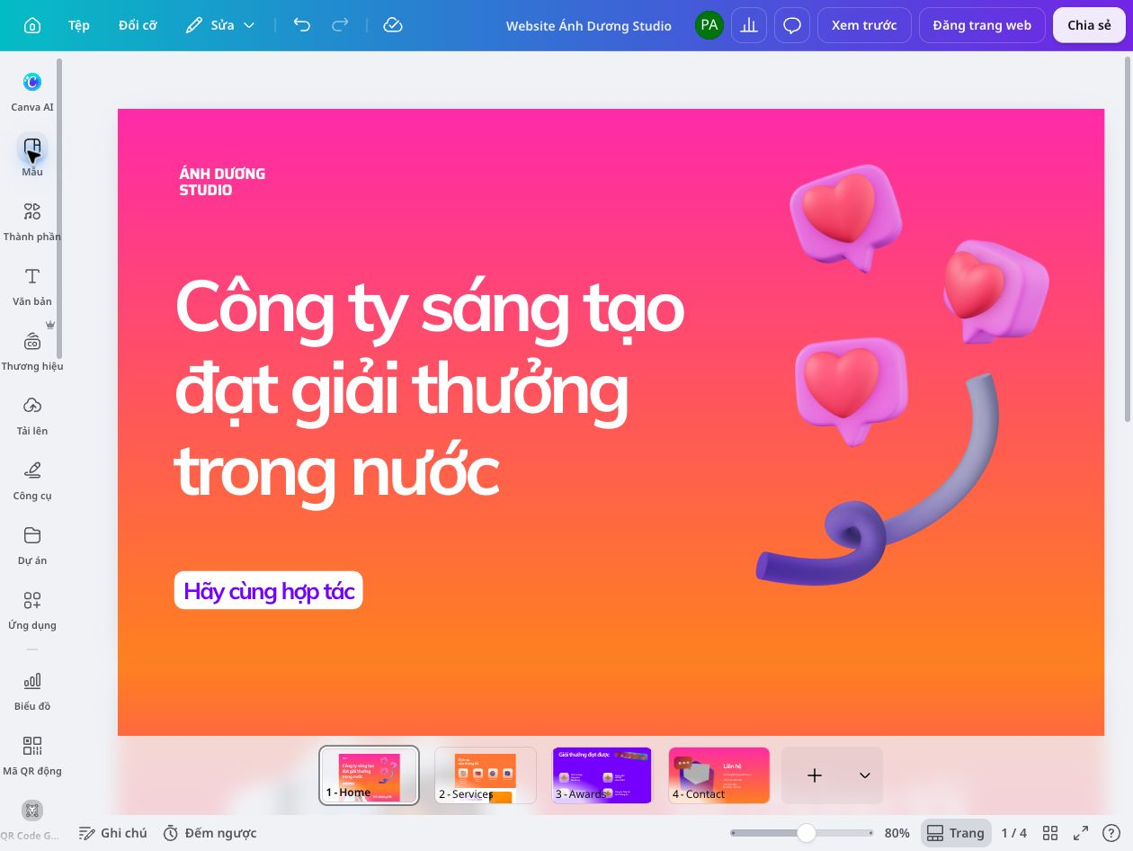 Ảnh giới thiệu công cụ tạo website Giao diện Canva Website với một trang web tiếng Việt hoàn chỉnh đang được chỉnh sửa trực tiếp trên canvas.