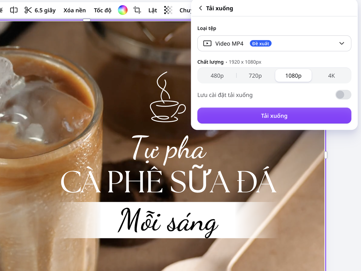 Tải xuống video đã ghép chất lượng cao Bảng Tải xuống trên Canva với loại tệp Video MP4 và chất lượng 1080p