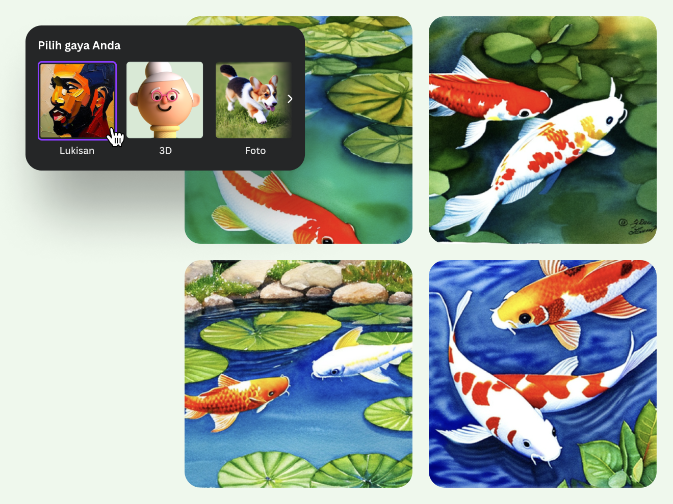 Pratinjau Berbagai Gaya Seni tersedia di pembuat gambar AI Canva