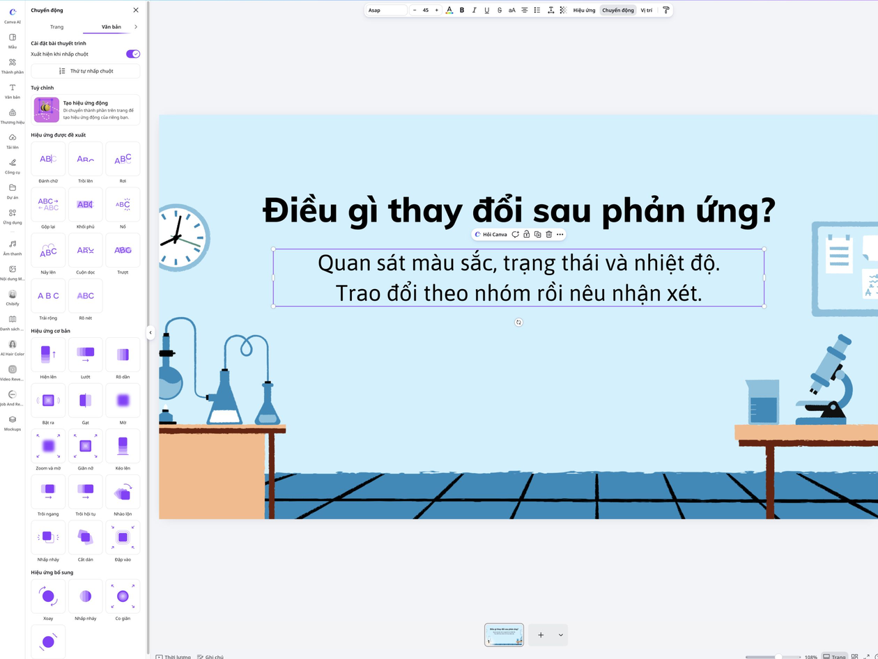 Cho từng ý xuất hiện khi nhấp chuột trên slide Canva.