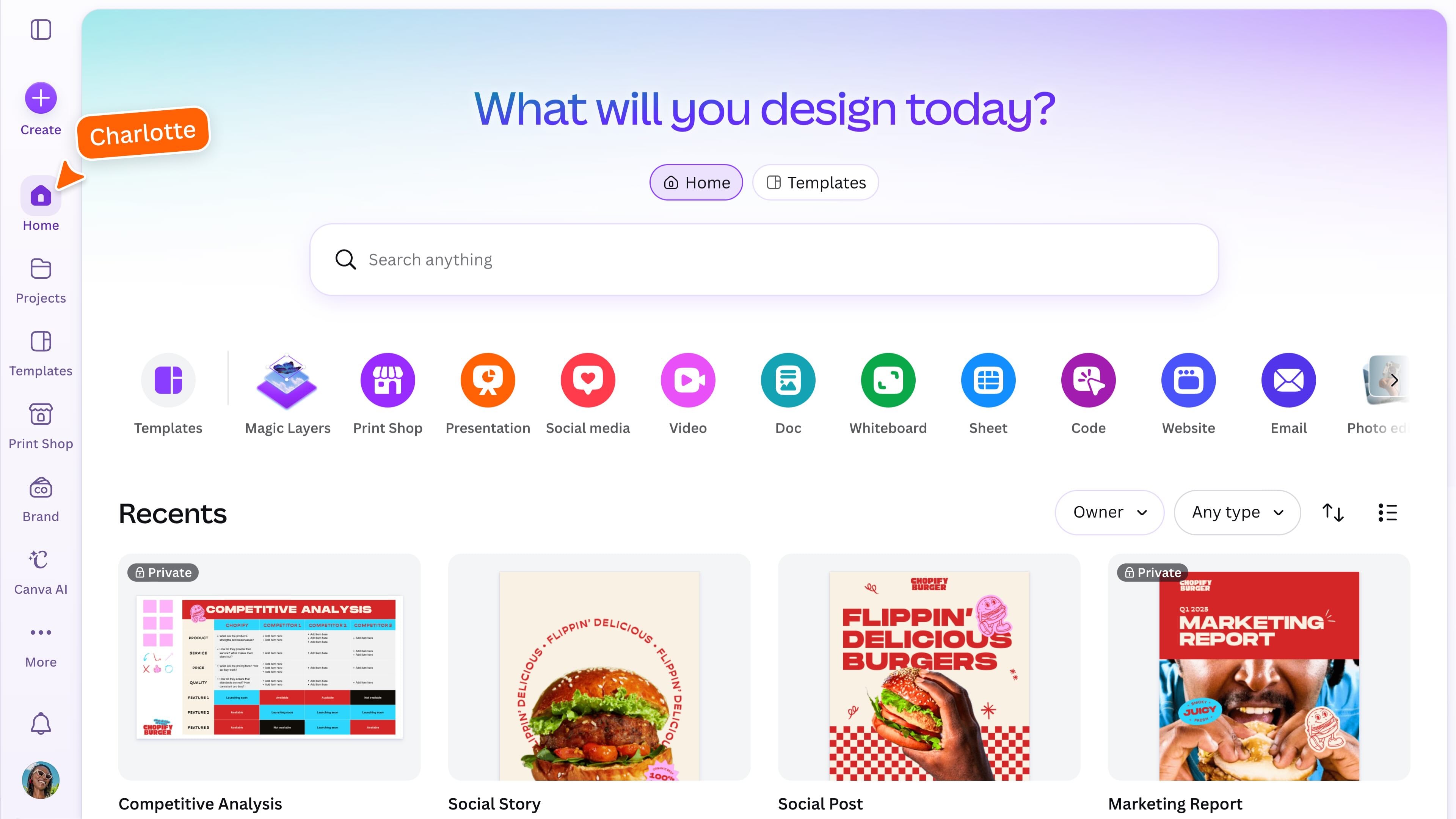 Homepage of Canva, with cursor showing where to click to get back to home