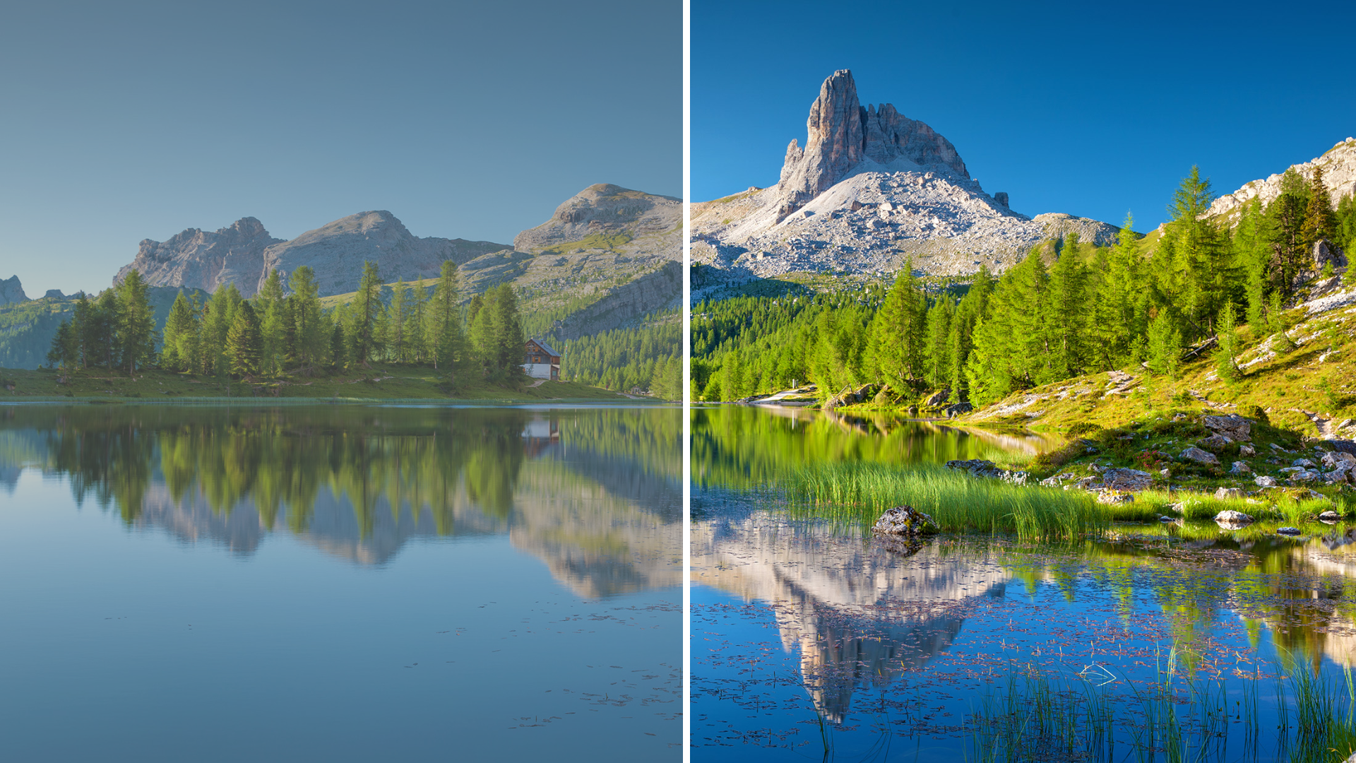 Paysage de montagne en couleurs dont la partie gauche est plus sombre, séparée par un trait pointillé blanc
