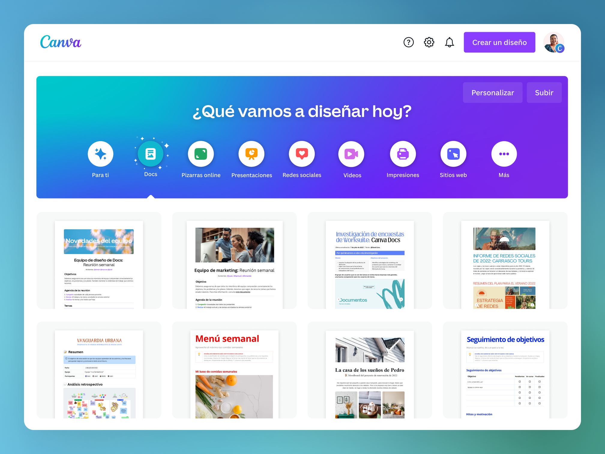Preview of the Canva dashboard with the Docs tab highlighted