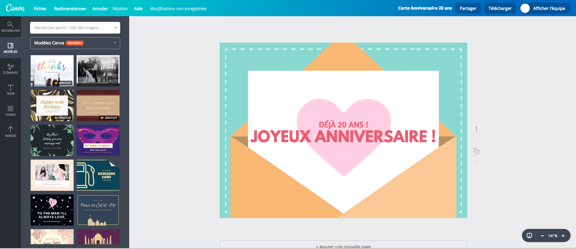 Carte d’anniversaire des 20 ans en cours de création sur Canva Carte d’anniversaire des 20 ans en cours de création sur Canva