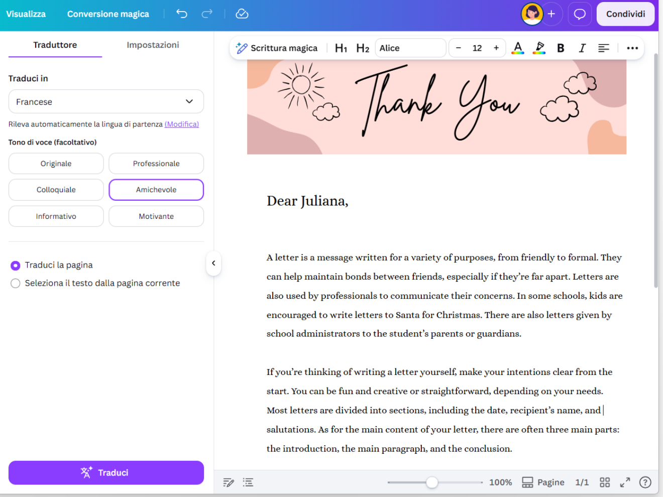 Interfaccia utente dello strumento Traduttore nell'editor di Canva