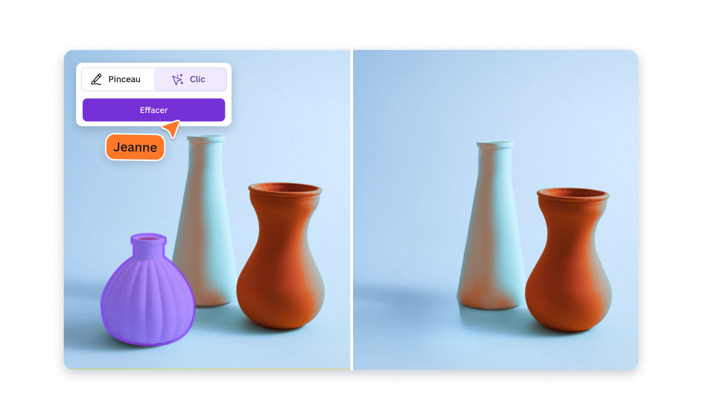 Comparaison avant-après d'une photo de trois vases dans laquelle on retire un objet grâce à la Gomme magique de Canva pour supprimer un objet d'une photo