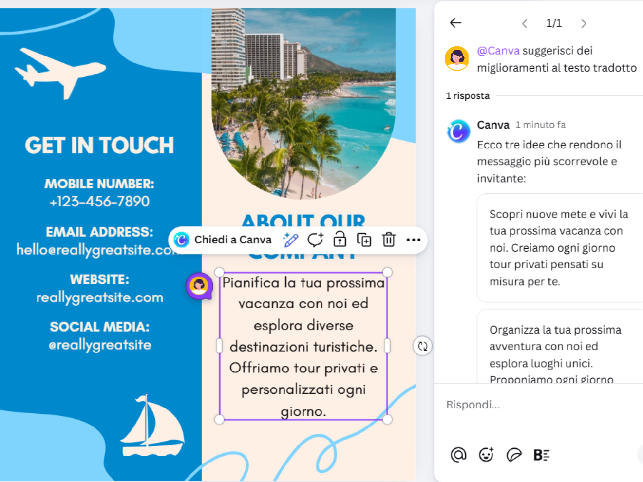 Interfaccia utente dello strumento Traduttore nell'editor di Canva